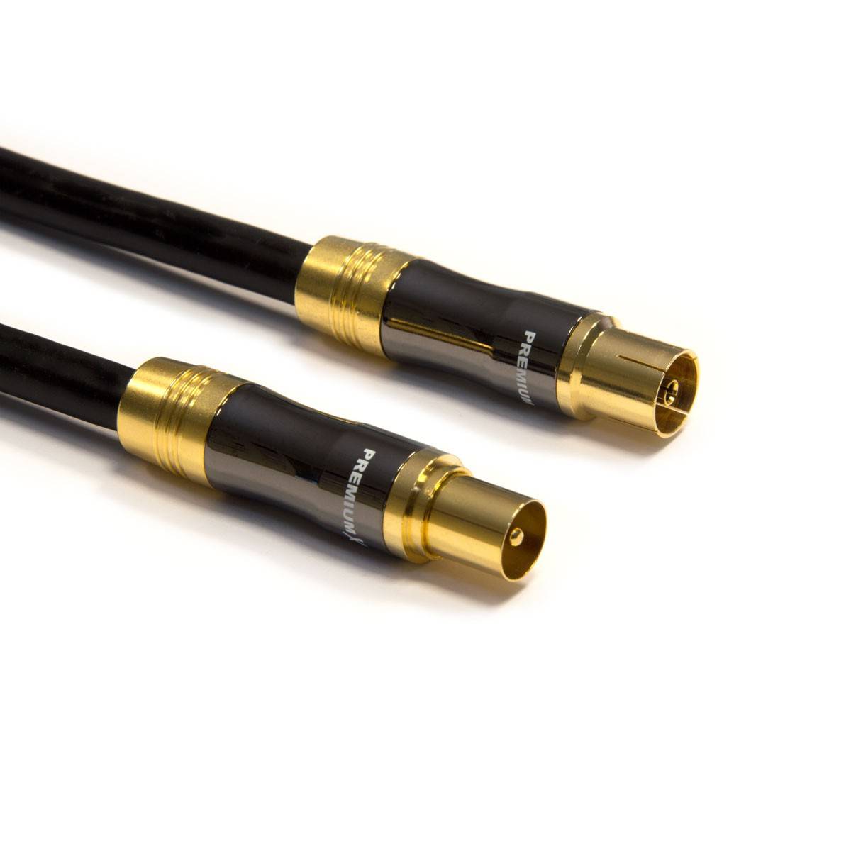 PremiumX 2m Gold-Line TV Antennenkabel Schwarz IEC-Anschlusskabel Koax Stecker - Kupplung Koaxialkabel Metallgehäuse HDTV 4K