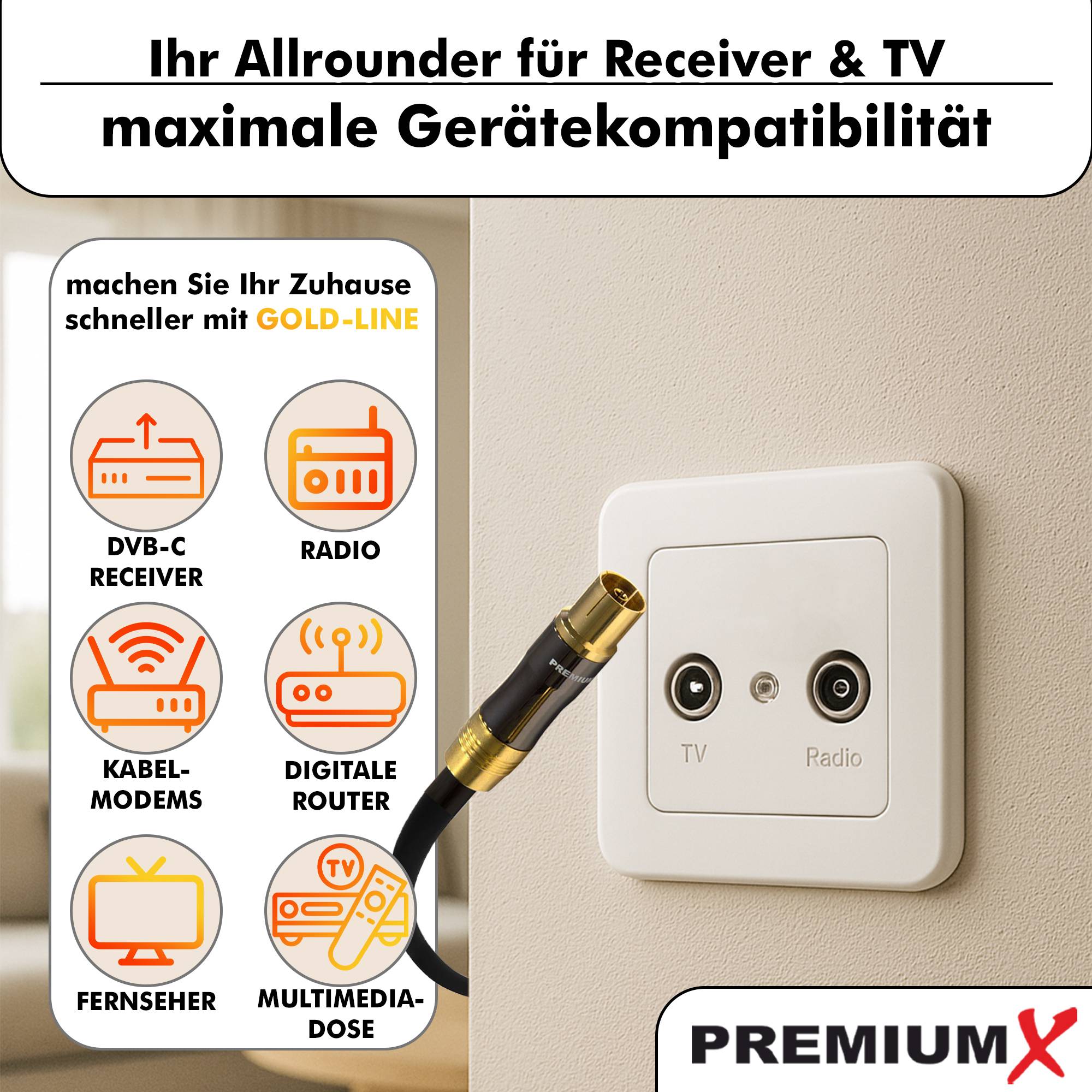 PremiumX 10m Gold-Line TV Antennenkabel Schwarz IEC-Anschlusskabel Koax Stecker - Kupplung Koaxialkabel Metallgehäuse HDTV 4K