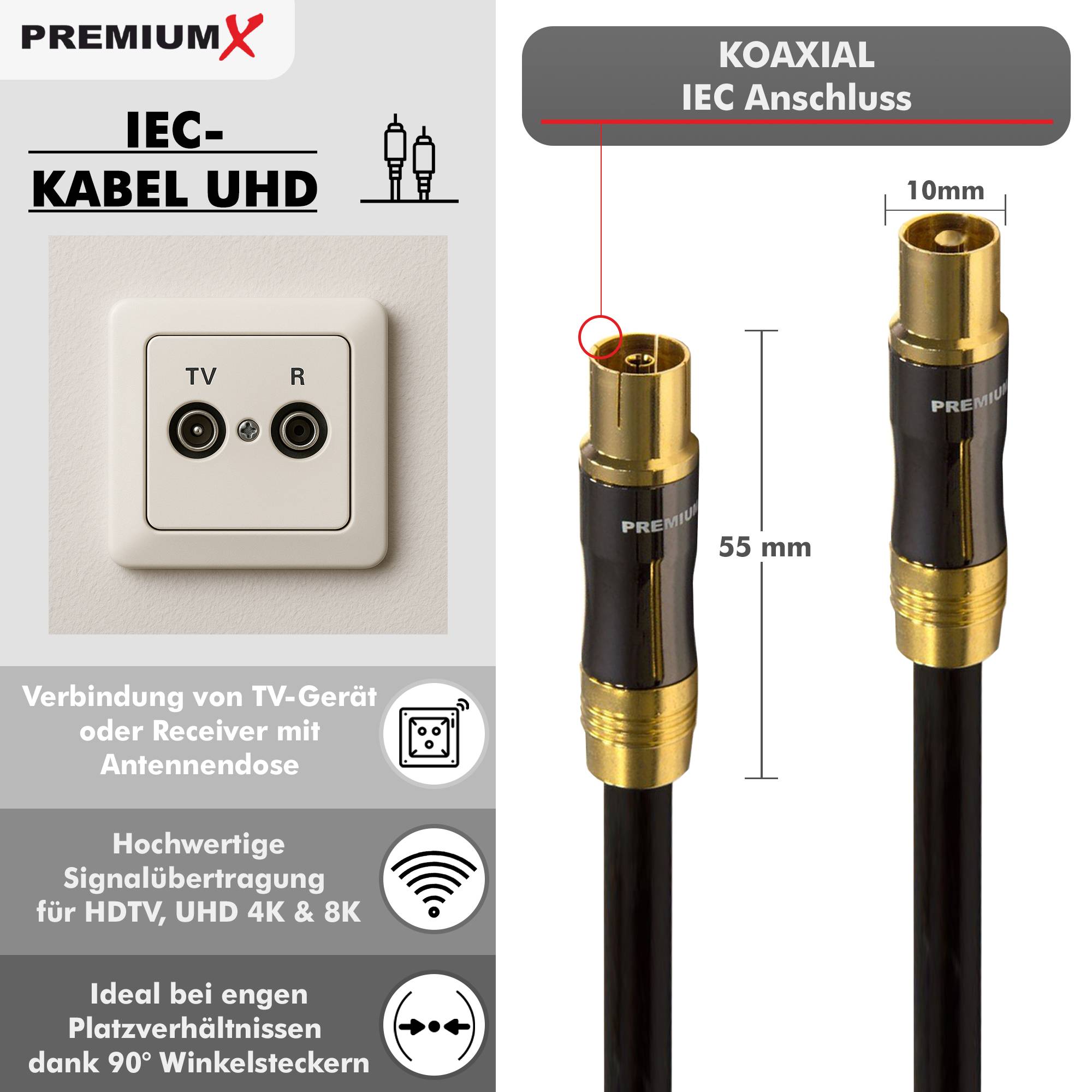 PremiumX 2m Gold-Line TV Antennenkabel Schwarz IEC-Anschlusskabel Koax Stecker - Kupplung Koaxialkabel Metallgehäuse HDTV 4K