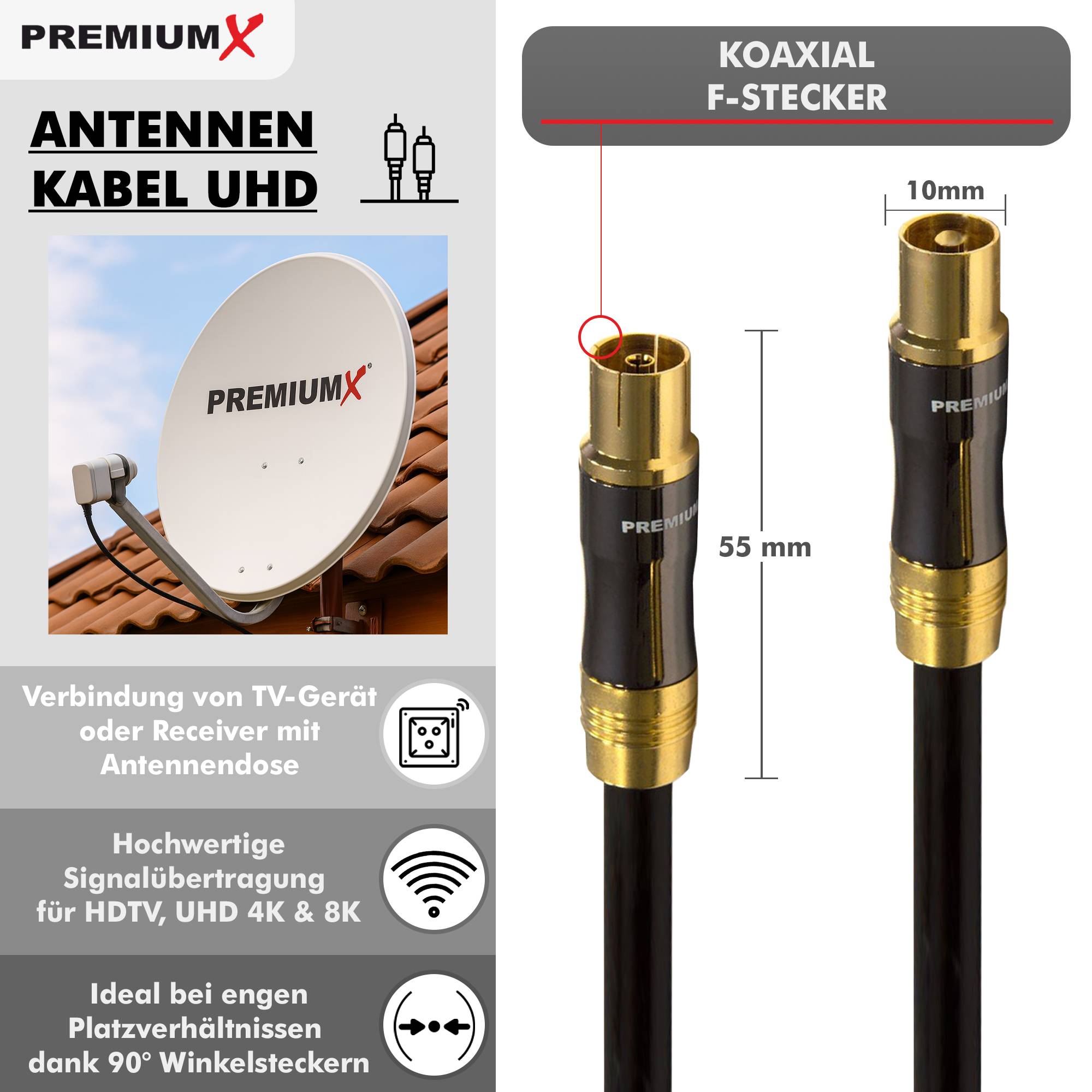 PremiumX 30m Gold-Line TV Antennenkabel Schwarz IEC-Anschlusskabel Koax Stecker - Kupplung Koaxialkabel Metallgehäuse HDTV 4K