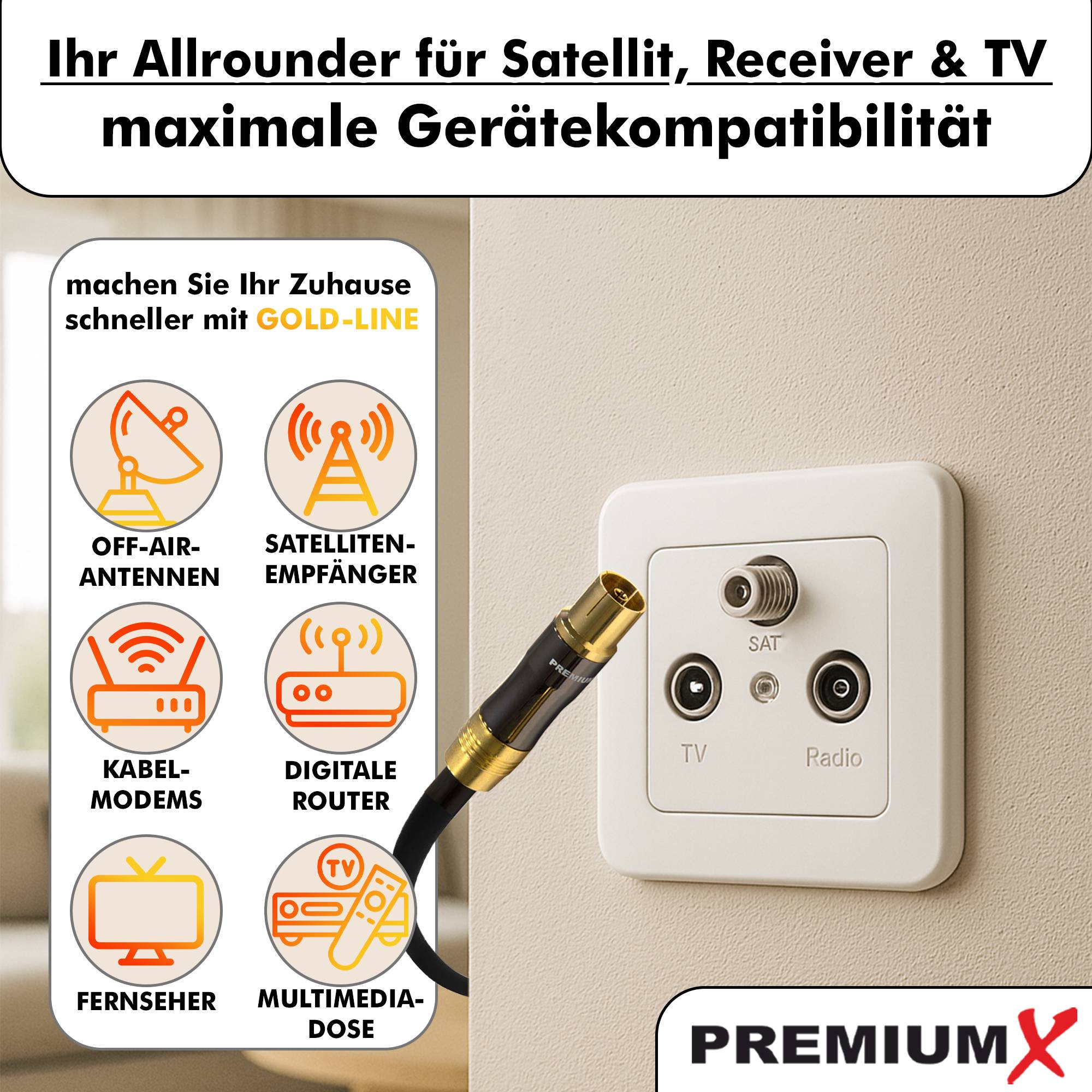 PremiumX 30m Gold-Line TV Antennenkabel Schwarz IEC-Anschlusskabel Koax Stecker - Kupplung Koaxialkabel Metallgehäuse HDTV 4K