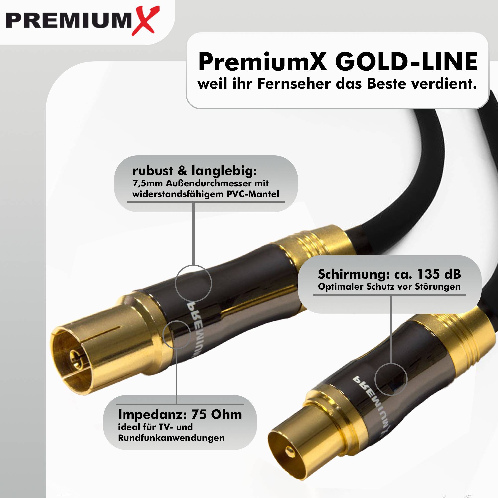 PremiumX 2m Gold-Line TV Antennenkabel Schwarz IEC-Anschlusskabel Koax Stecker - Kupplung Koaxialkabel Metallgehäuse HDTV 4K