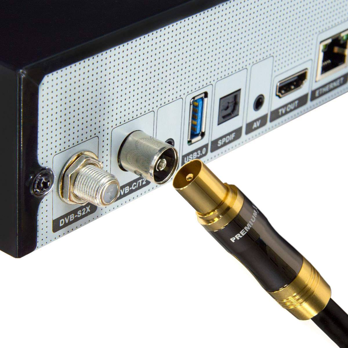 PremiumX 5m Gold-Line TV Antennenkabel Schwarz IEC-Anschlusskabel Koax Stecker - Kupplung Koaxialkabel Metallgehäuse HDTV 4K
