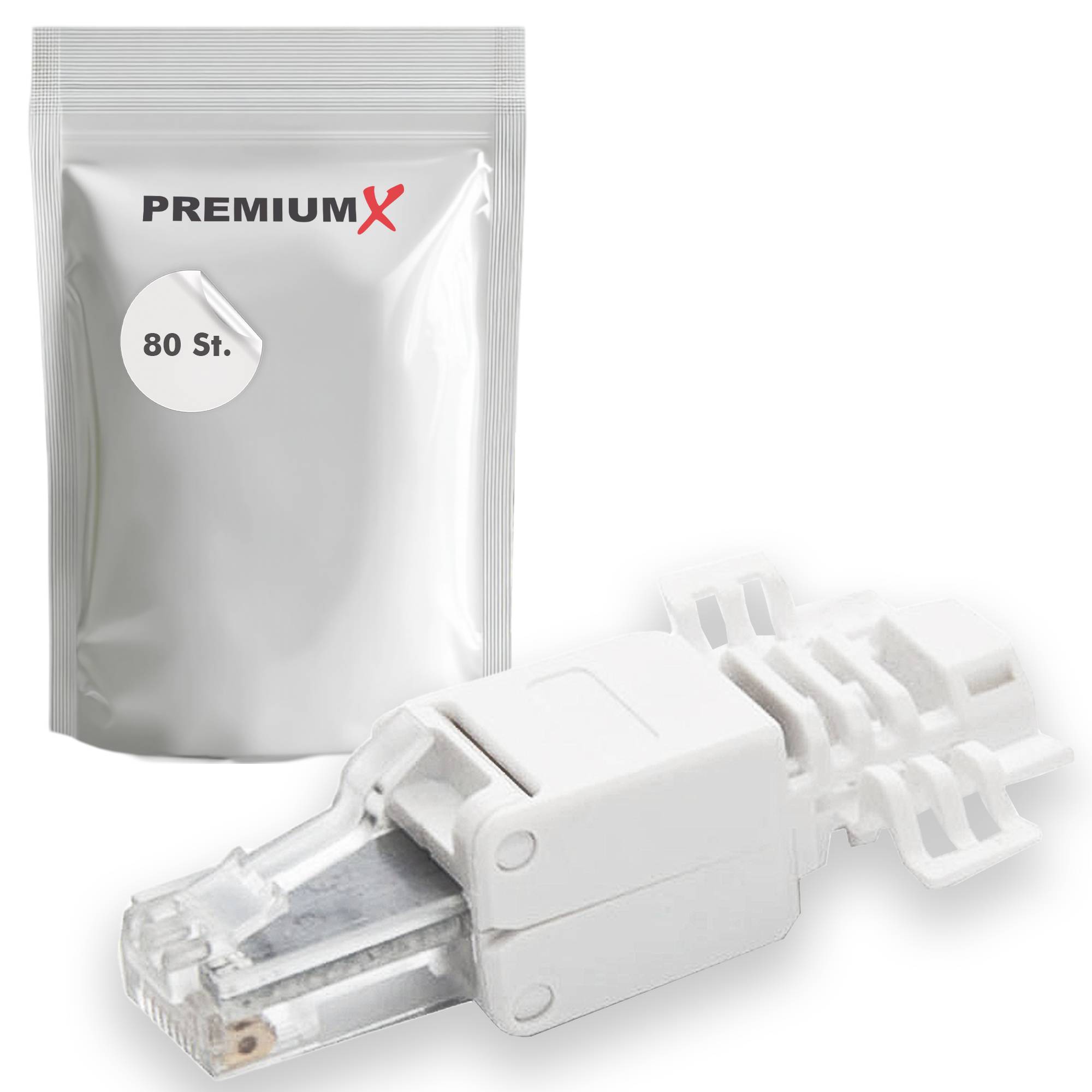 PremiumX 80x Netzwerkstecker CAT6a RJ45 Adapter Kupplung für CAT6 und CAT7 Verlegekabel Patchkabel AWG 24, 25 und 26 Innenleiter LAN Stecker