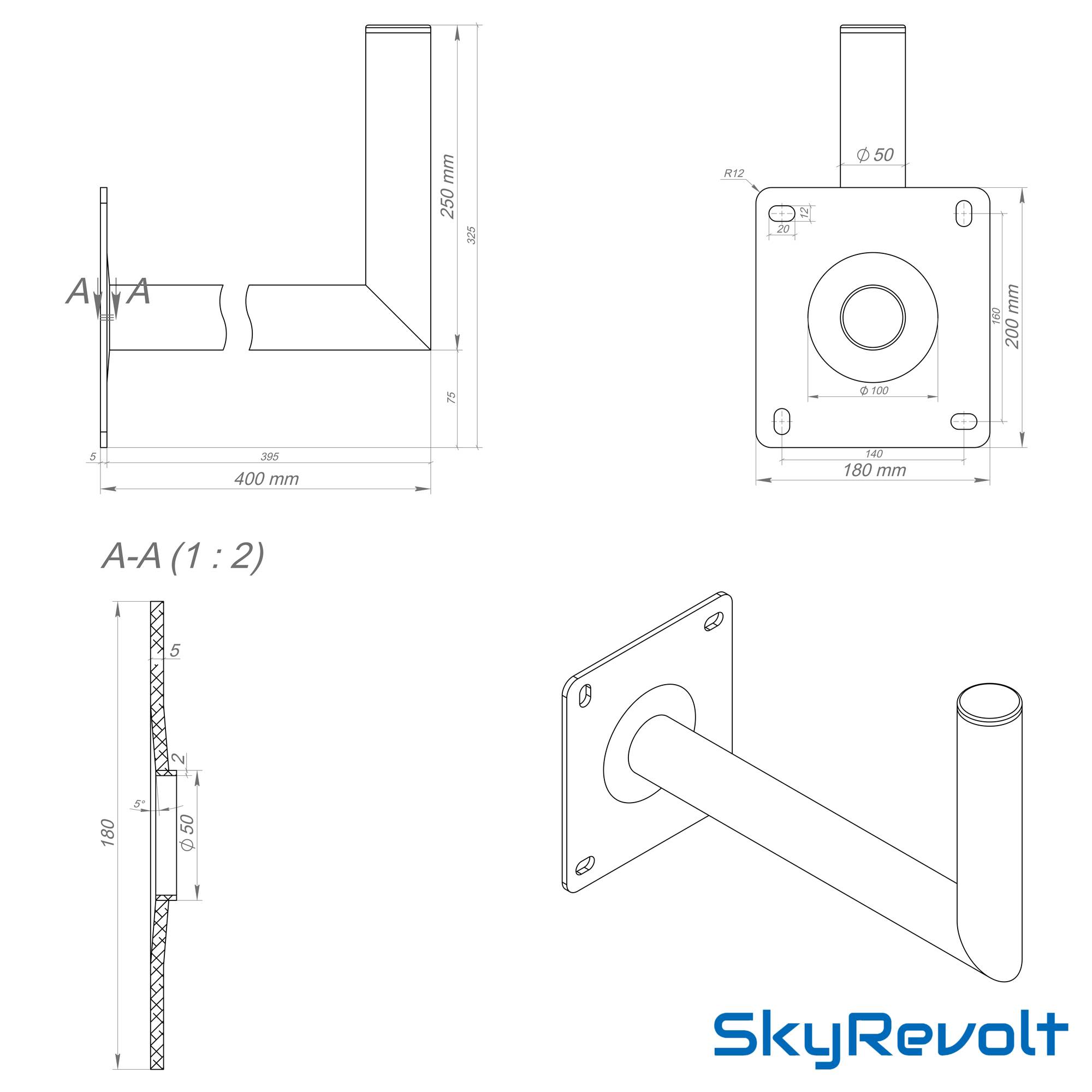 SkyRevolt 40cm Wandhalter Rohr 50mm Aluminium XXL Wandplatte ALU Winkel-Halter für Satelliten-Schüssel SAT-Antenne