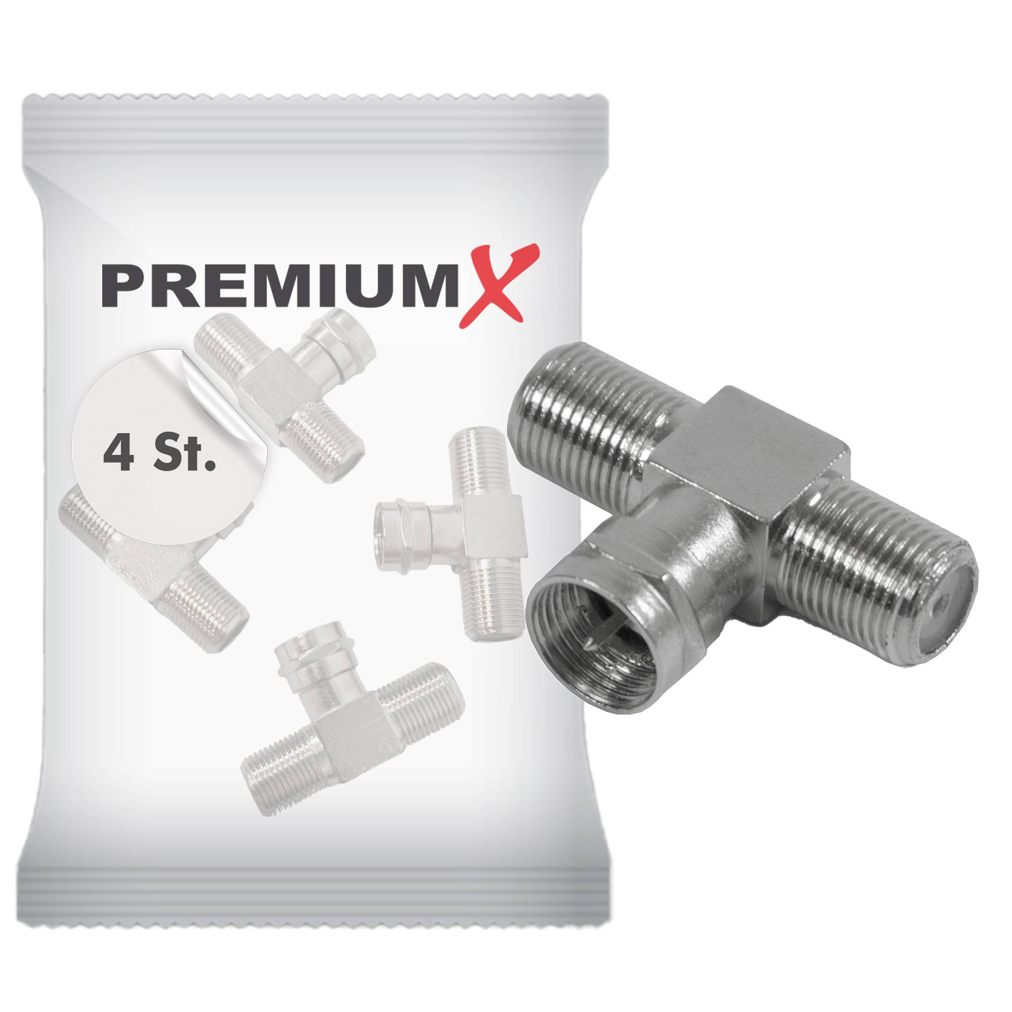 Premium X 4x F-Adapter F-Stecker auf 2x F-Kupplungen Set Splitter Verbinder für Koaxialkabel Antennenkabel