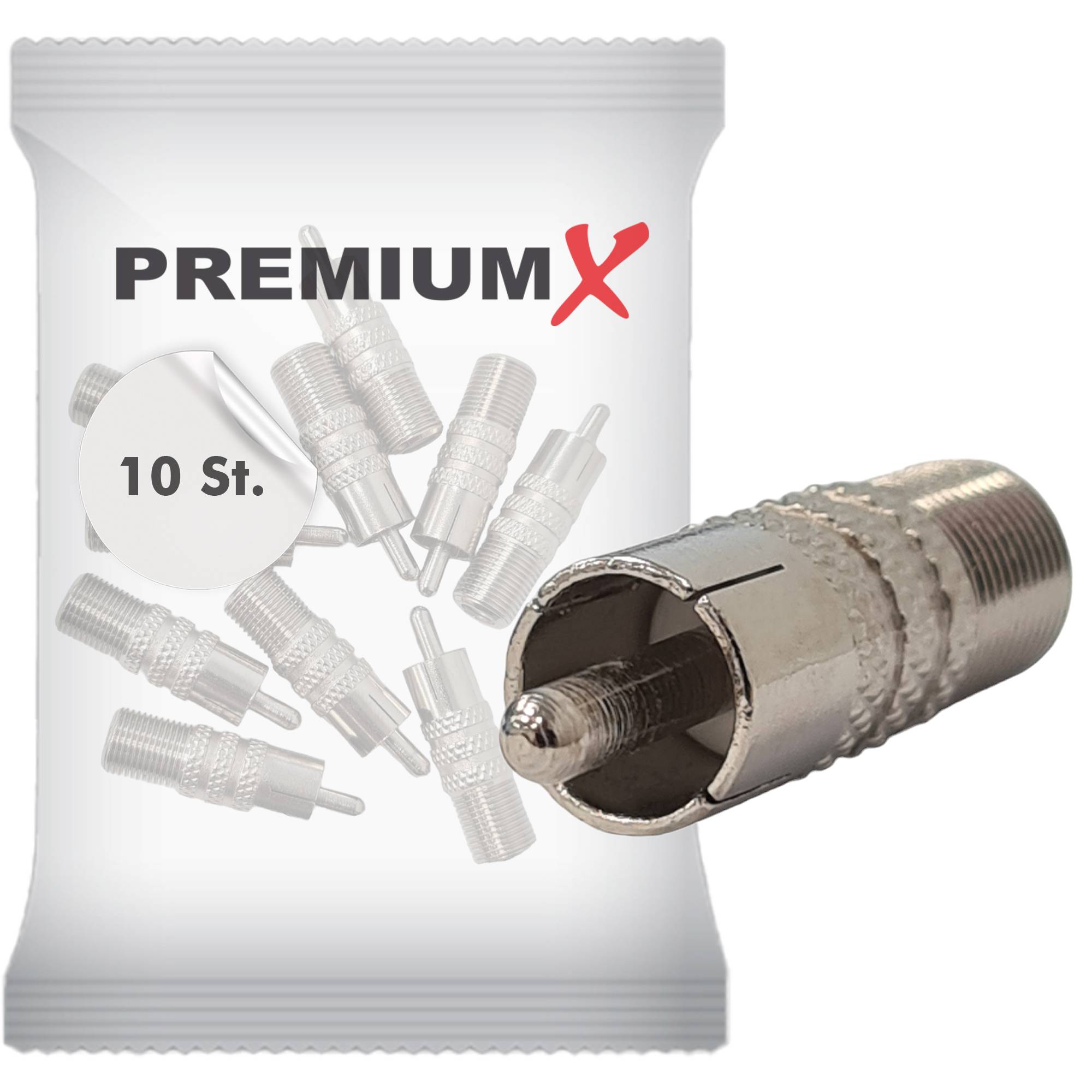 PremiumX 10x Cinch Stecker RCA Verbinder Koaxial Video SAT Audio Stereo Adapter auf F-Buchse Kupplung schraubbar