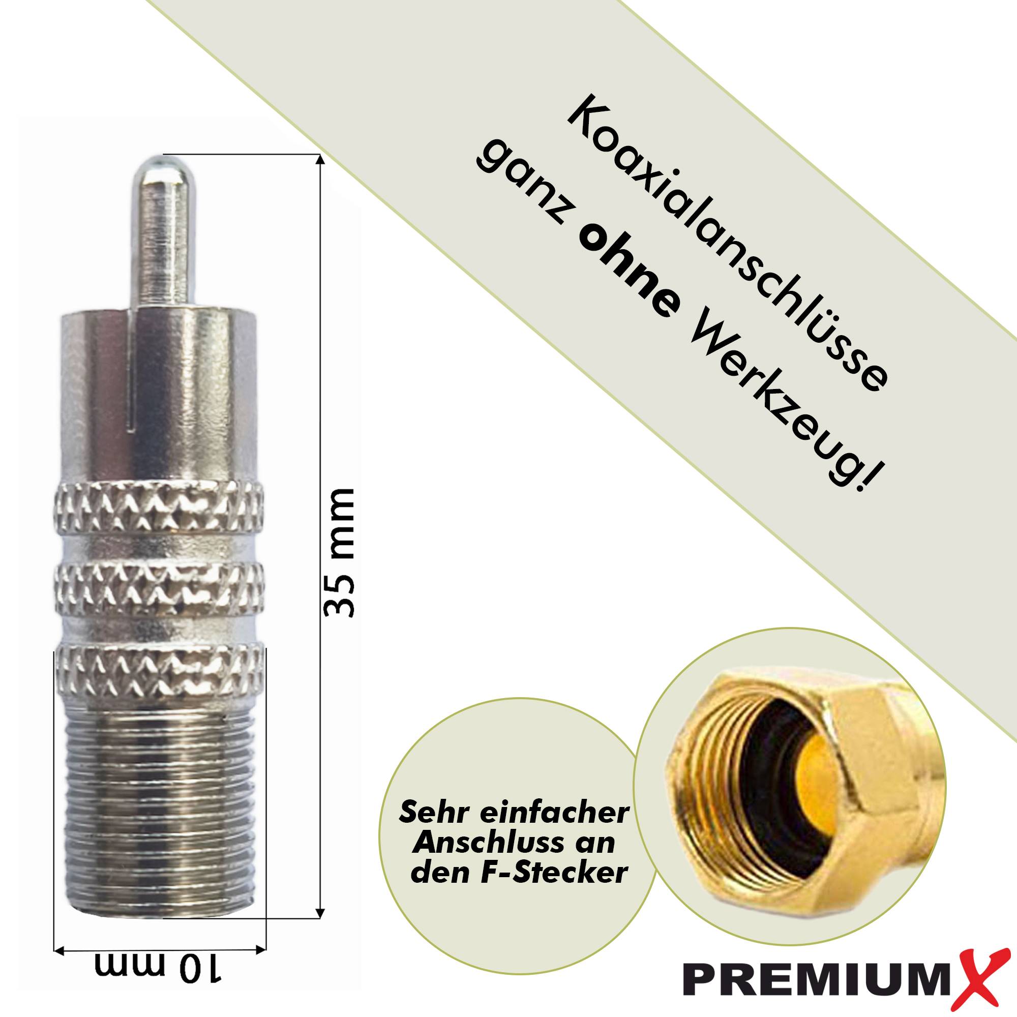 PremiumX 10x Cinch Stecker RCA Verbinder Koaxial Video SAT Audio Stereo Adapter auf F-Buchse Kupplung schraubbar