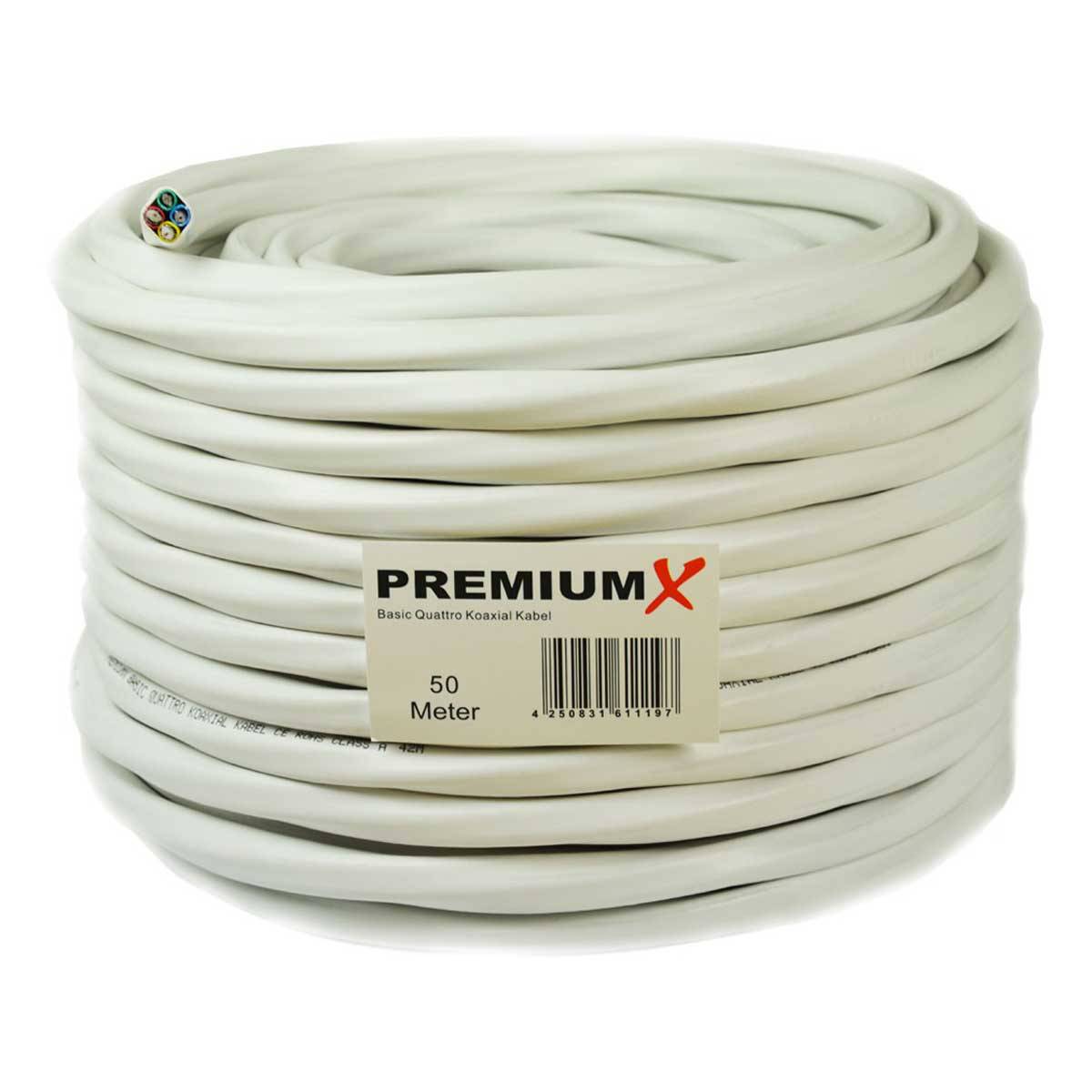 PremiumX 50m Basic Quattro Quad Koaxial SAT Kabel 90dB 2-Fach geschirmt Antennenkabel 4in1 Koaxialkabel Weiß inkl. 24x F-Stecker