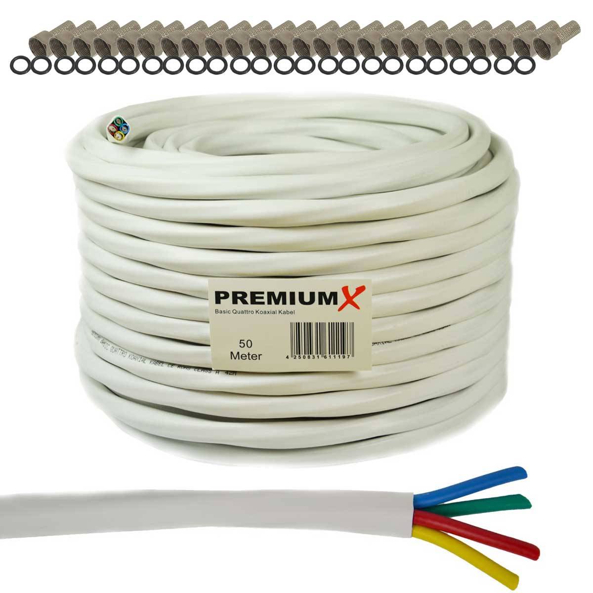 PremiumX 50m Basic Quattro Quad Koaxial SAT Kabel 90dB 2-Fach geschirmt Antennenkabel 4in1 Koaxialkabel Weiß inkl. 24x F-Stecker