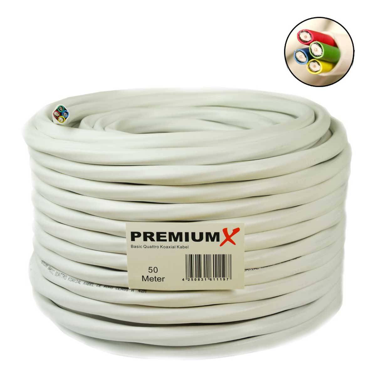 PremiumX 50m Basic Quattro Quad Koaxial SAT Kabel 90dB 2-Fach geschirmt Antennenkabel 4in1 Koaxialkabel Weiß inkl. 24x F-Stecker