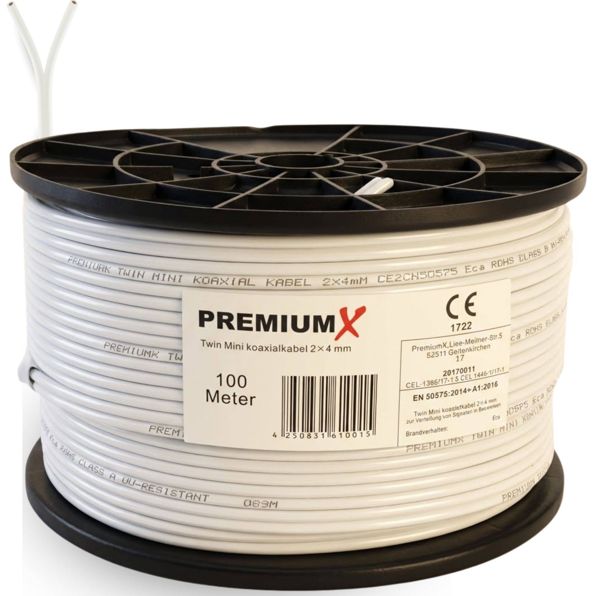 PremiumX 100m Sat Koaxialkabel Twin Mini 2 x 4 mm Weiß – extra dünn & 2-fach geschirmt – platzsparendes TV Antennenkabel für SAT | DVB-T | Twin