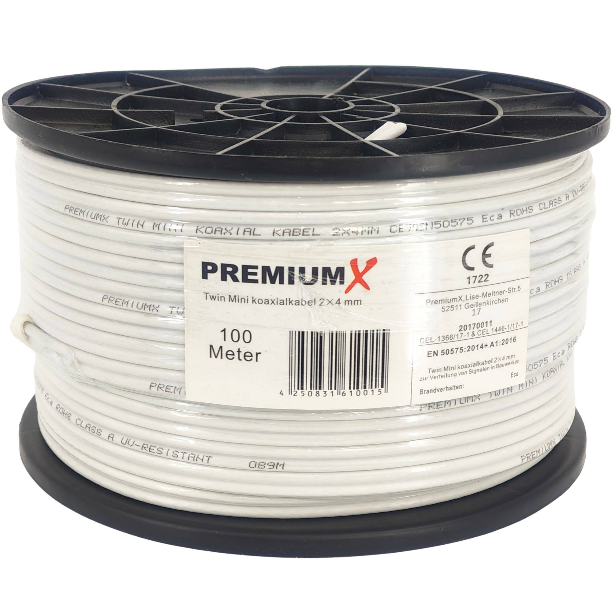 PremiumX 100m Sat Koaxialkabel Twin Mini 2 x 4 mm Weiß – extra dünn & 2-fach geschirmt – platzsparendes TV Antennenkabel für SAT | DVB-T | Twin