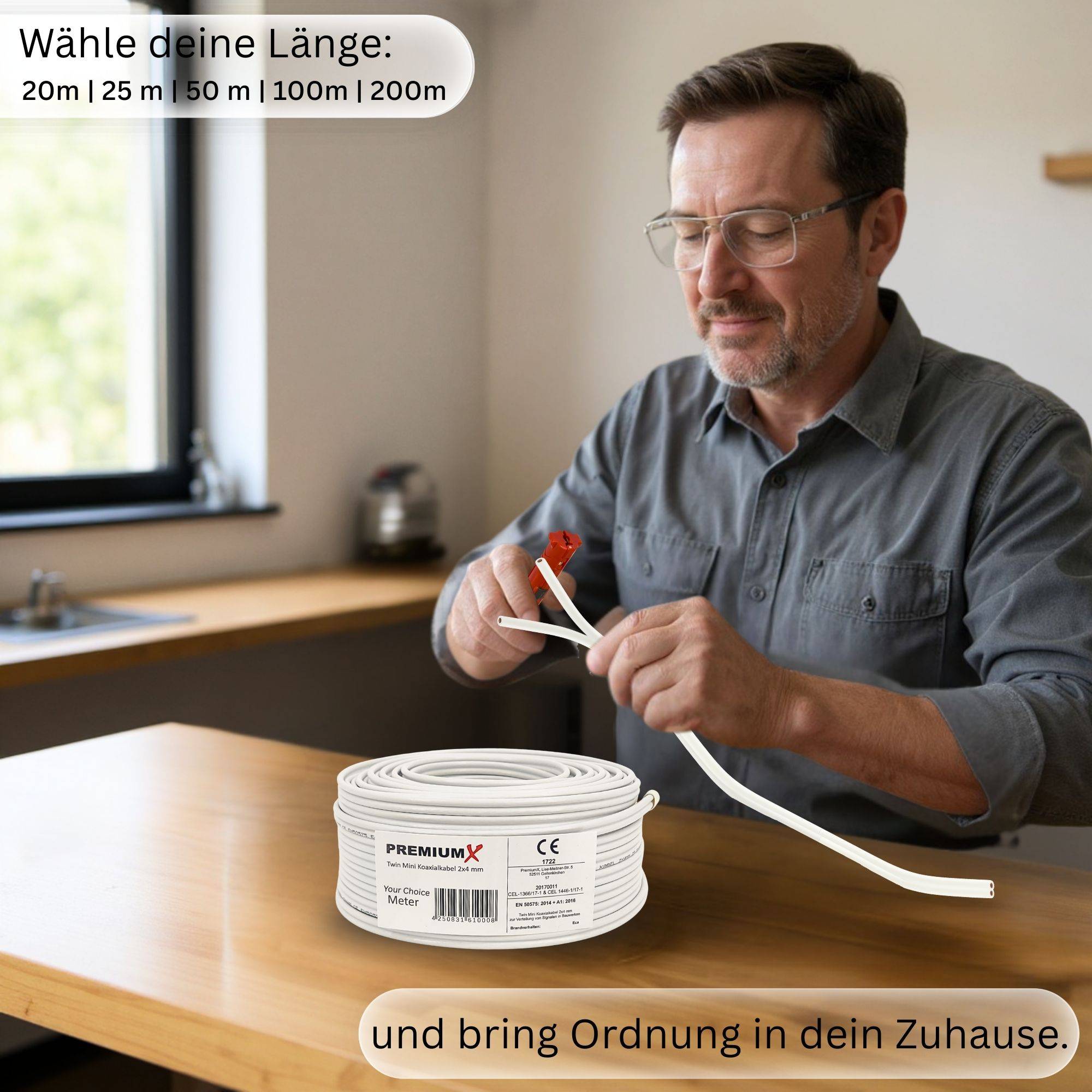 PremiumX 10m Sat Koaxialkabel Twin Mini 2 x 4 mm Weiß – extra dünn & 2-fach geschirmt – platzsparendes TV Antennenkabel für SAT | DVB-T | Twin