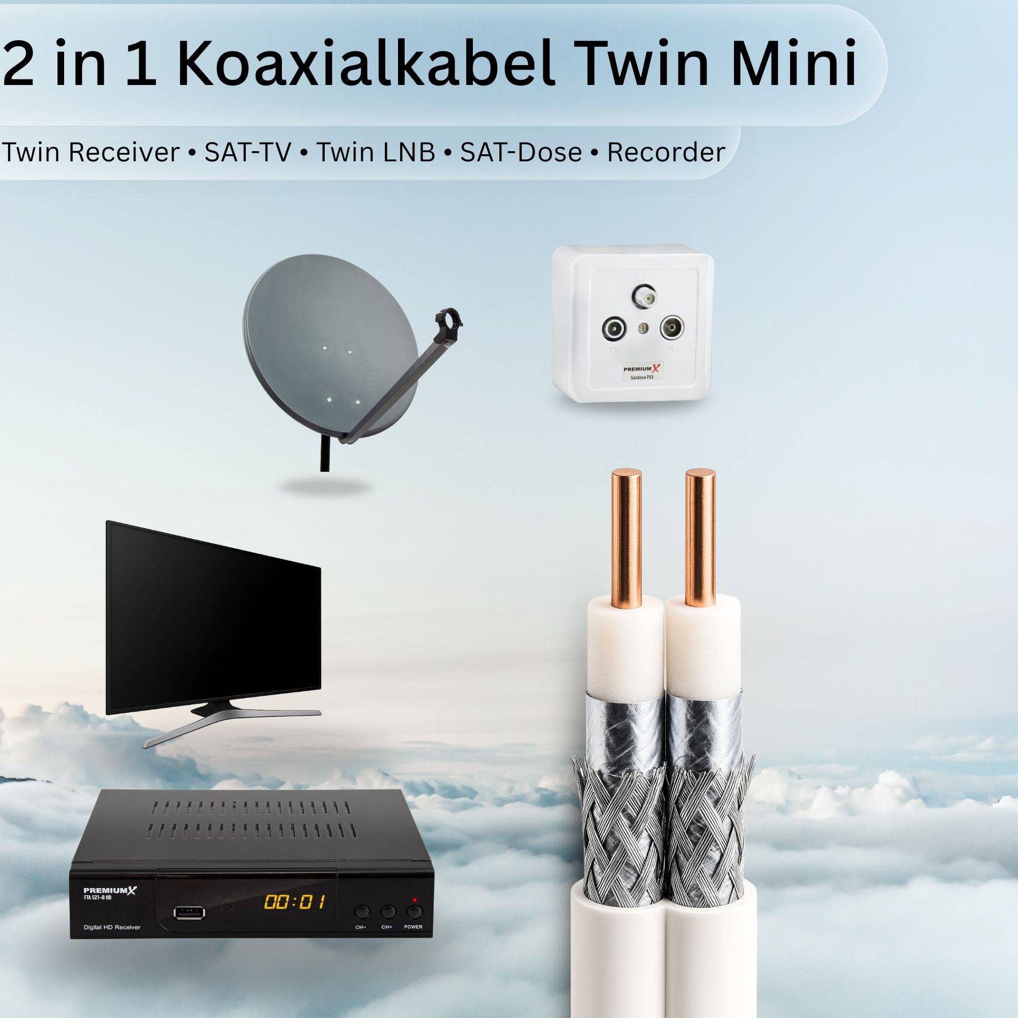 PremiumX 100m Sat Koaxialkabel Twin Mini 2 x 4 mm Weiß – extra dünn & 2-fach geschirmt – platzsparendes TV Antennenkabel für SAT | DVB-T | Twin