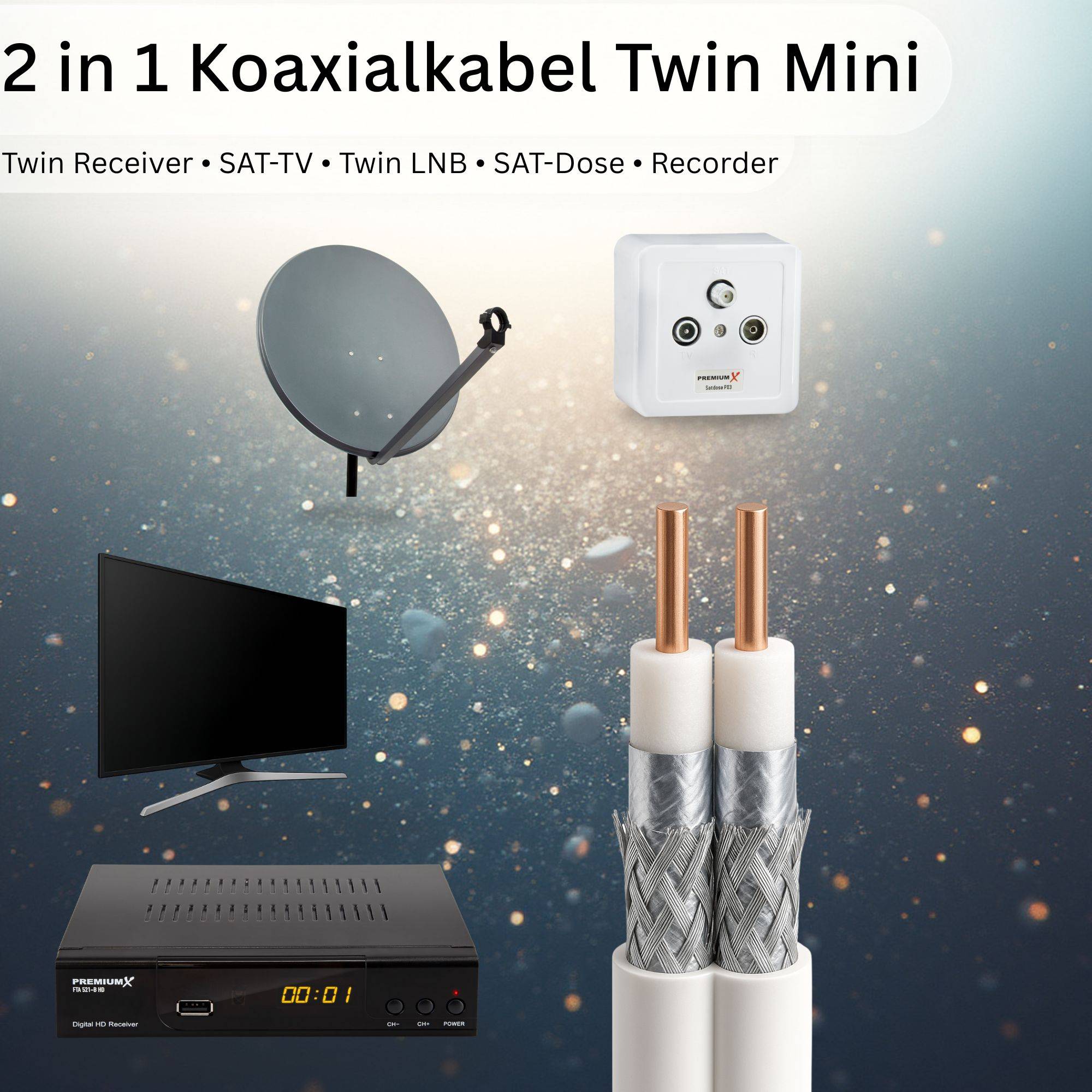 PremiumX 100m Sat Koaxialkabel Twin Mini 2 x 4 mm Weiß – extra dünn & 2-fach geschirmt – platzsparendes TV Antennenkabel für SAT | DVB-T | Twin