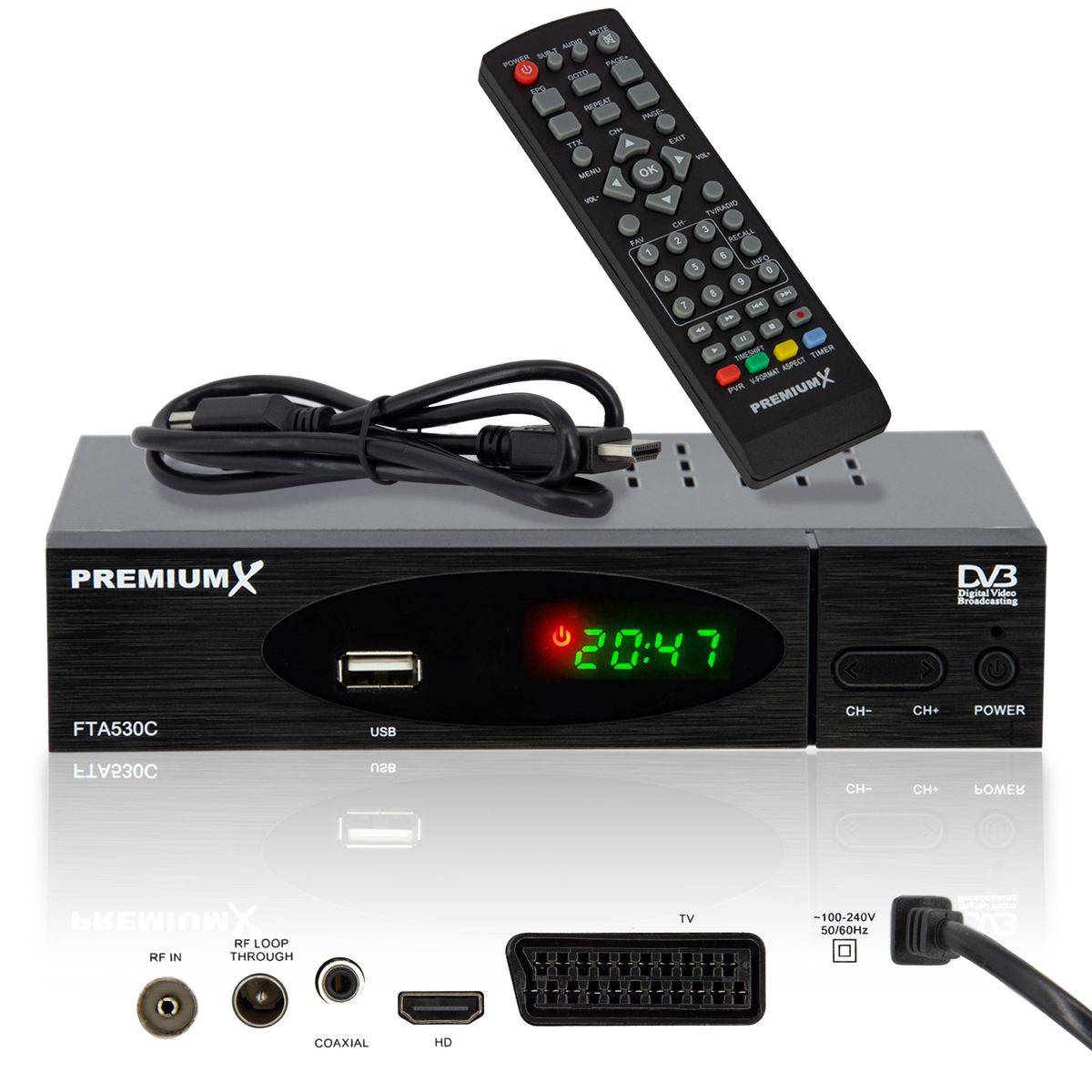 PremiumX Kabel Receiver DVB-C FTA 530C Digital FullHD TV Auto Installation USB Mediaplayer SCART HDMI Kabelfernsehen für jeden Kabel-Anbieter