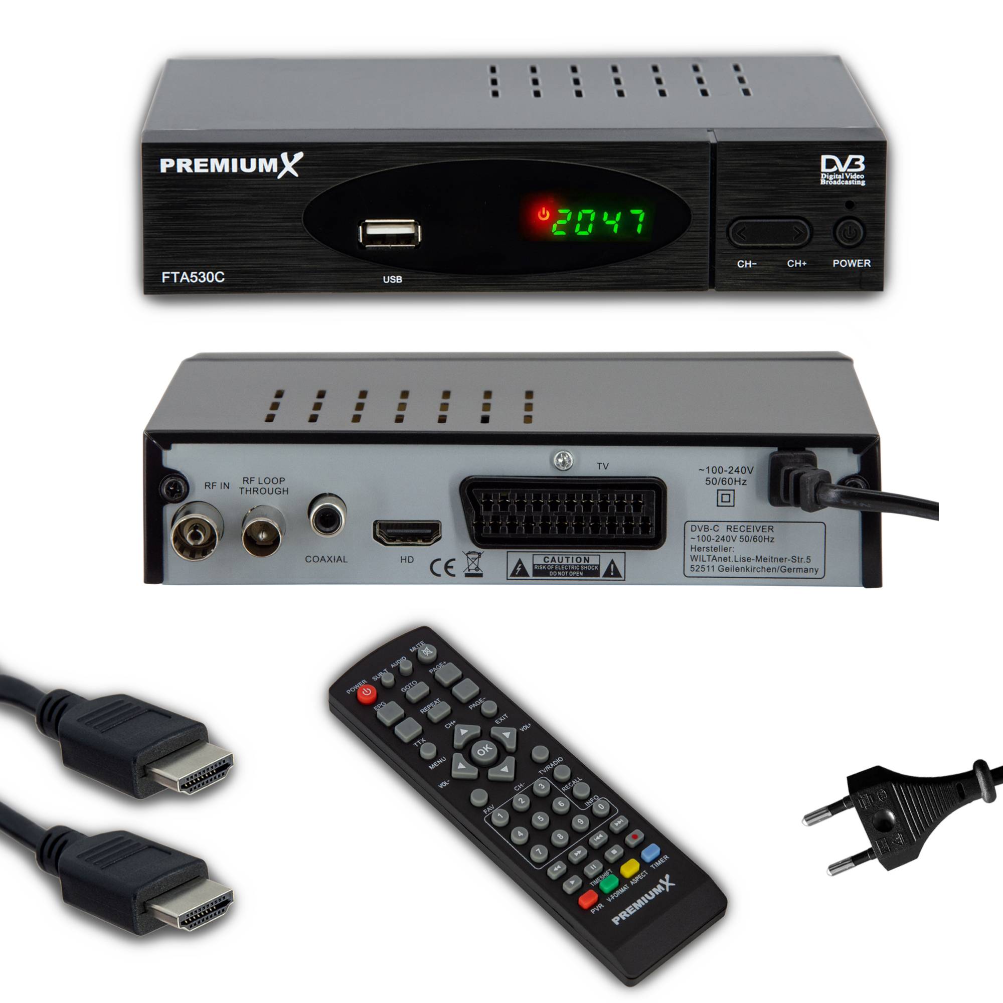PremiumX Kabel Receiver DVB-C FTA 530C Digital FullHD TV Auto Installation USB Mediaplayer SCART HDMI Kabelfernsehen für jeden Kabel-Anbieter