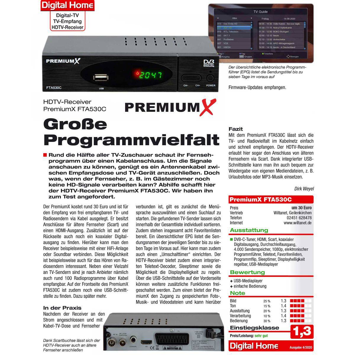 PremiumX Kabel-Receiver DVB-C FTA 530C Digital FullHD TV Auto Installation USB Mediaplayer SCART HDMI inkl. Antennenkabel