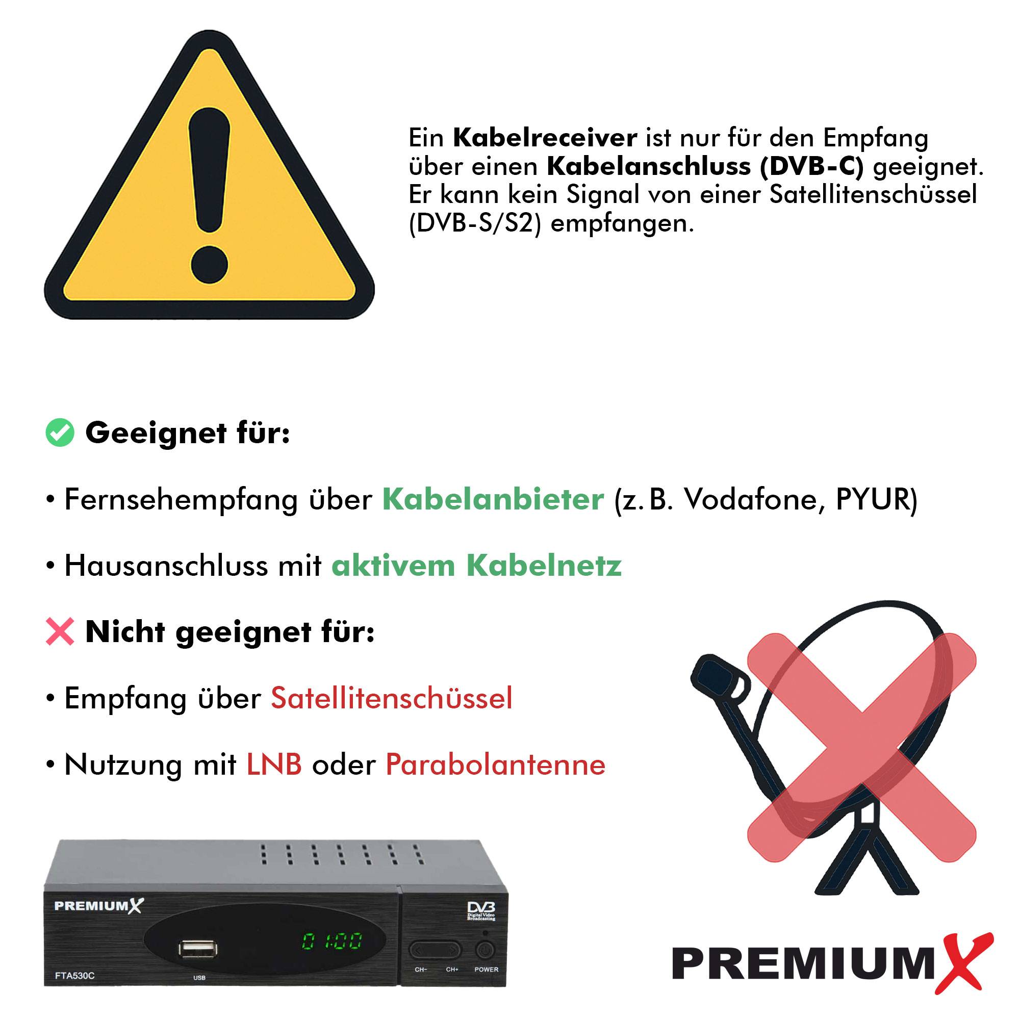 PremiumX Kabel-Receiver DVB-C FTA 530C Digital FullHD TV Auto Installation USB Mediaplayer SCART HDMI inkl. Antennenkabel