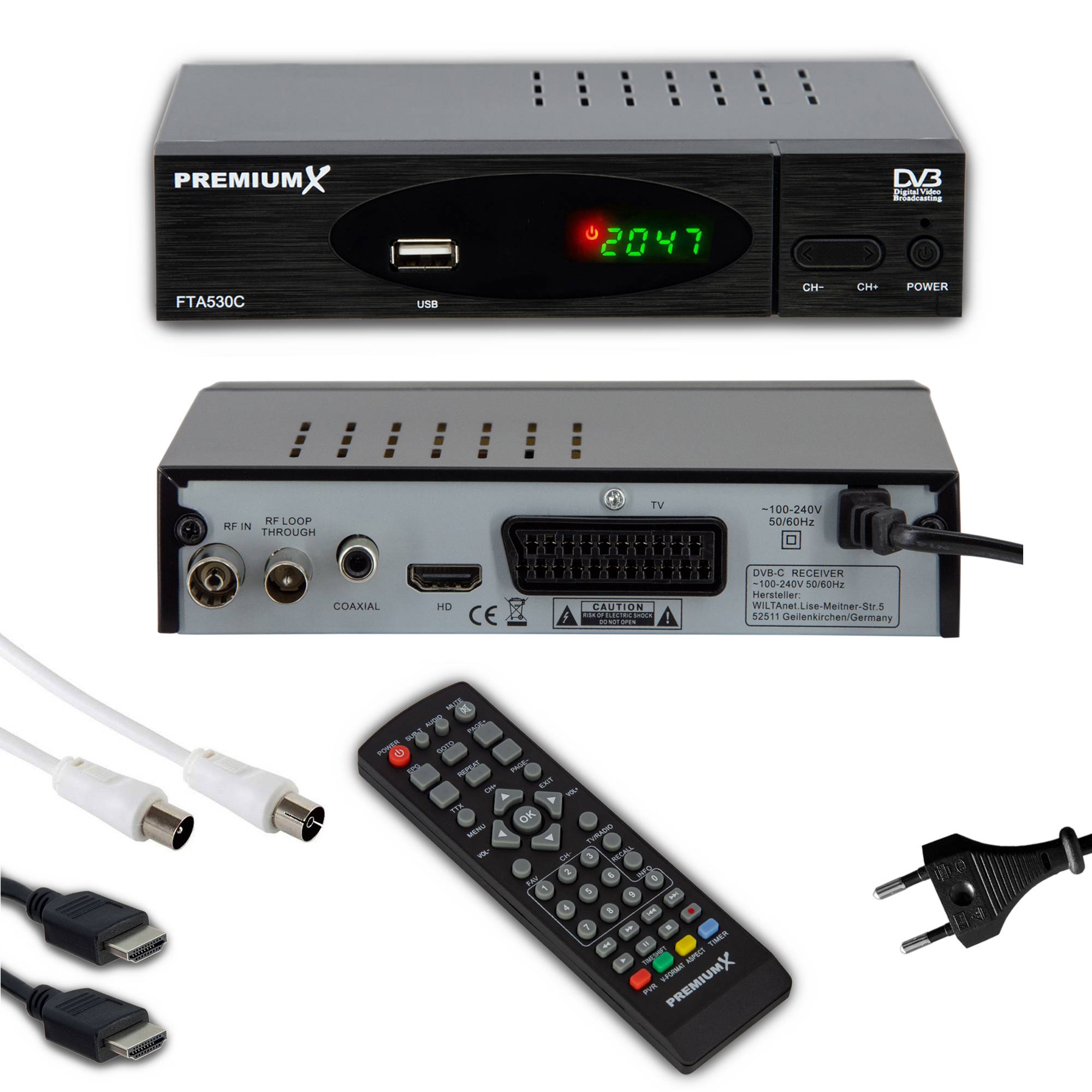 PremiumX Kabel-Receiver DVB-C FTA 530C Digital FullHD TV Auto Installation USB Mediaplayer SCART HDMI inkl. Antennenkabel