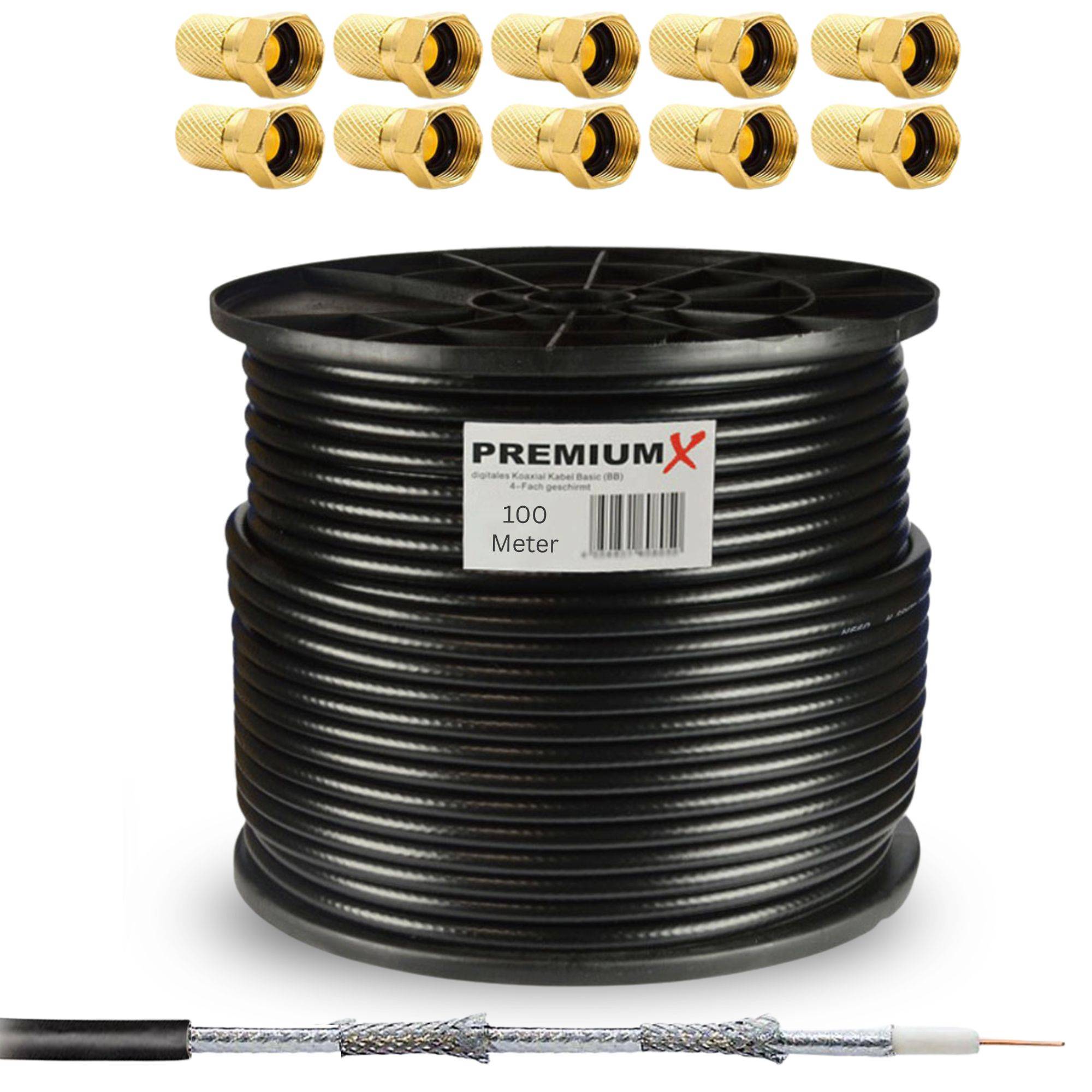 Premium X 100m SAT Koaxialkabel Set 135 dB 5-fach geschirmt – TV Antennenkabel 10 vergoldeten F-Steckern – DVB-S2/C/T2 – 4K UHD HDTV – wetterf