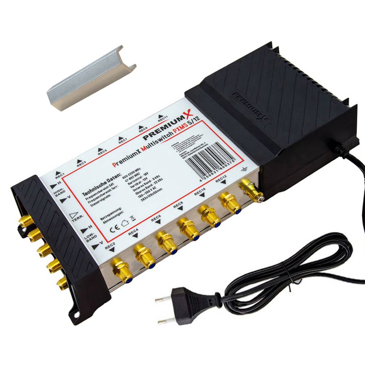 PremiumX Multischalter Set 5/12 Multiswitch F-Montageschlüssel, Signalverteiler 1 SAT für 12 Teilnehmer