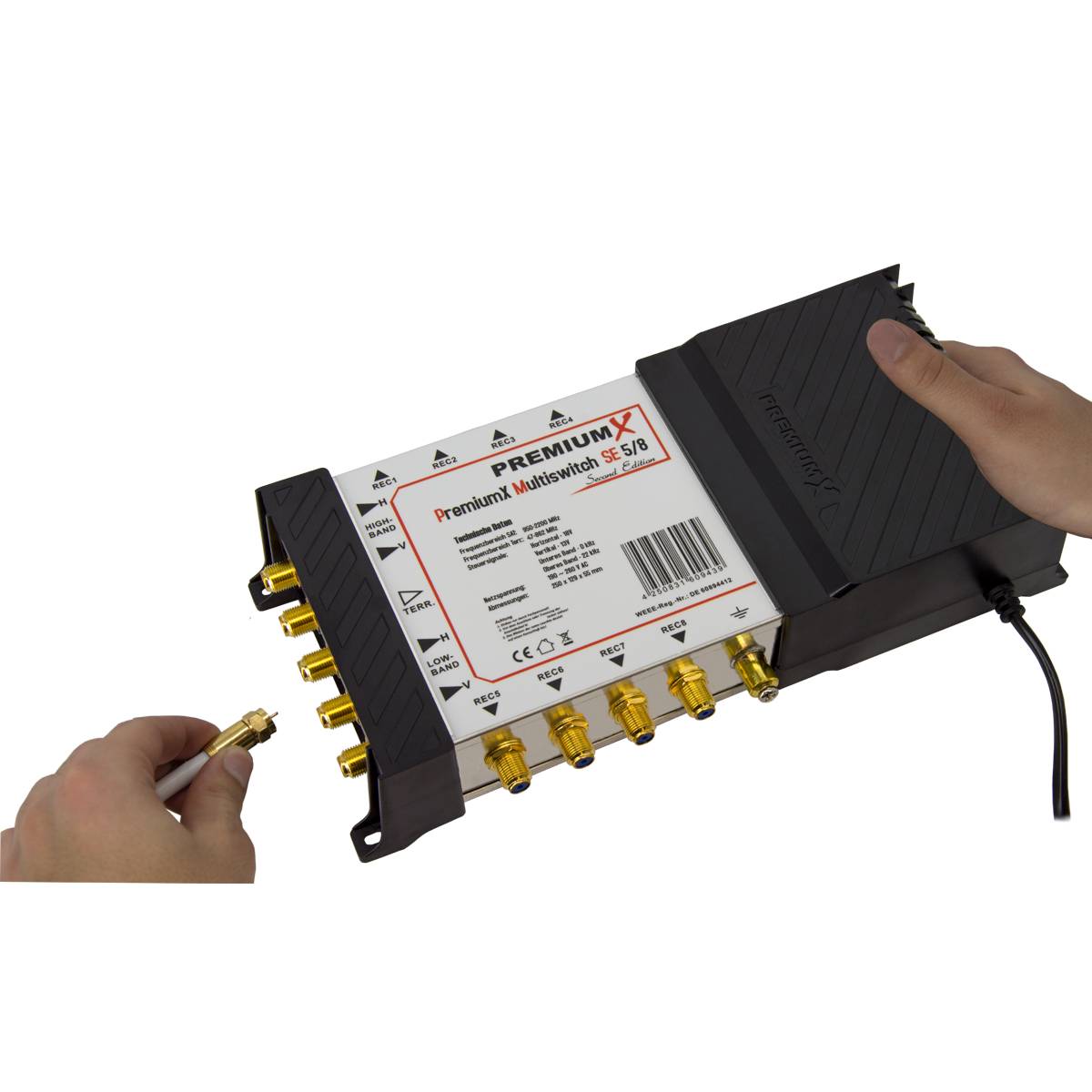 PremiumX SAT Multischalter PMSE 5/8 Satelliten Multiswitch Quattro LNB weiß 24x F-Stecker für 8 Teilnehmer FullHD 4K UHD 8K