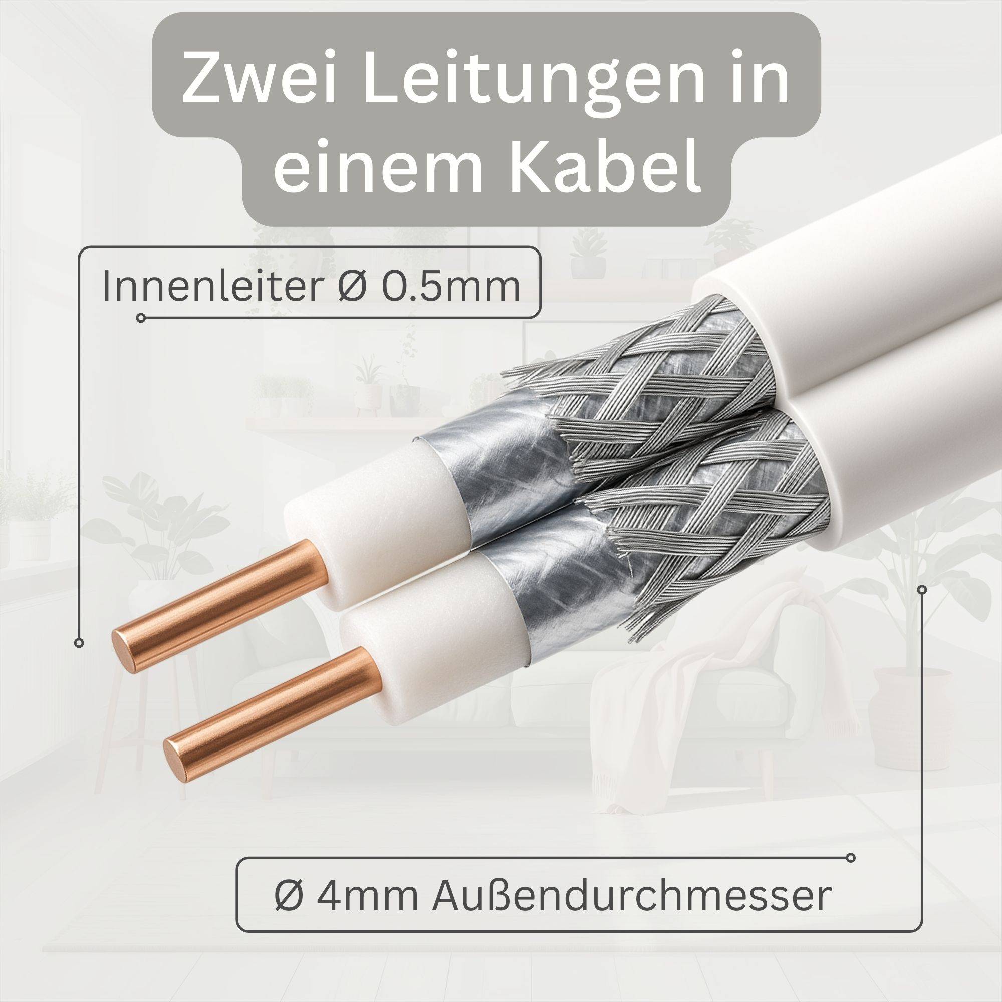 PremiumX 10m Sat Koaxialkabel Twin Mini 2 x 4 mm Weiß – extra dünn & 2-fach geschirmt – platzsparendes TV Antennenkabel für SAT | DVB-T | Twin