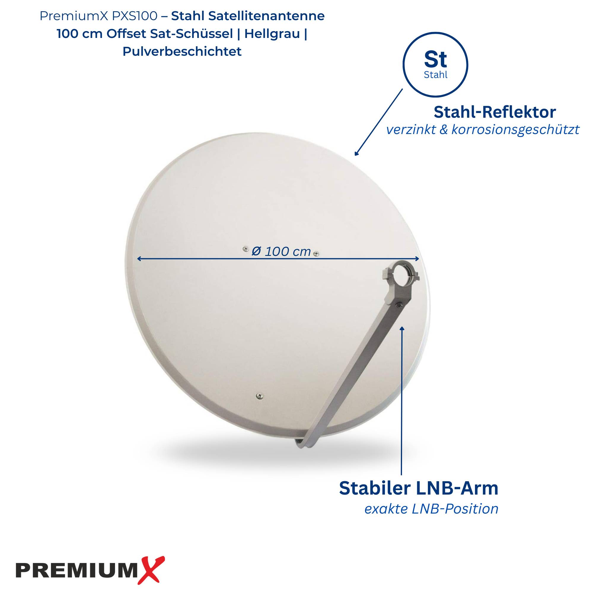 PremiumX PXS100 Satellitenschüssel 100cm Stahl Hellgrau Satellitenantenne SAT Spiegel mit LNB Tragarm und Masthalterung