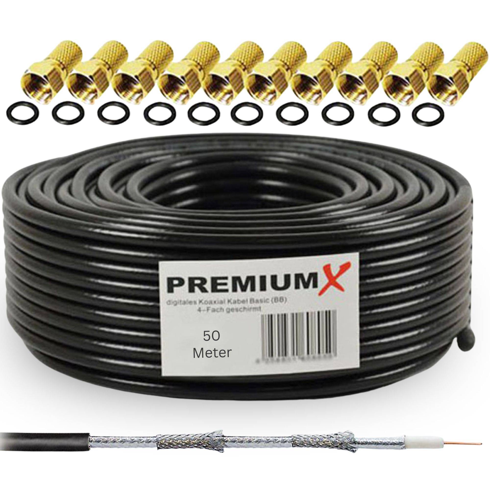 Premium X 50m SAT Koaxialkabel Set 135 dB 5-fach geschirmt – TV Antennenkabel mit 10 vergoldeten F-Steckern – DVB-S2/C/T2 – 4K UHD HDTV – wett