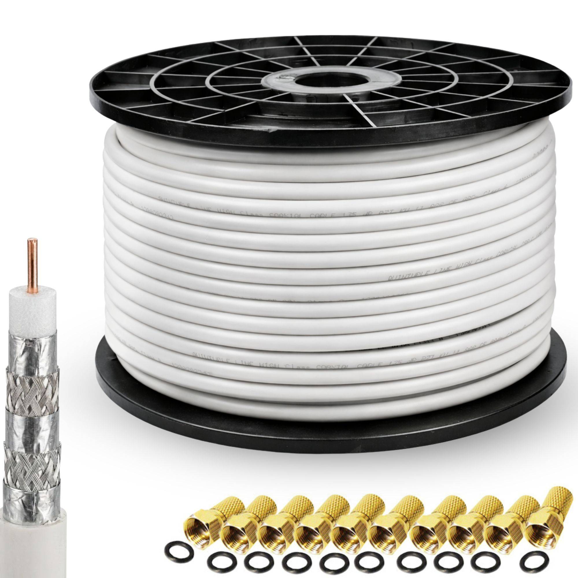 PremiumX DELUXE PRO Koaxial Kabel 5-Fach geschirmt, reines Kupfer 100 Meter SAT Antennenkabel + 10 F-Stecker 8,0mm