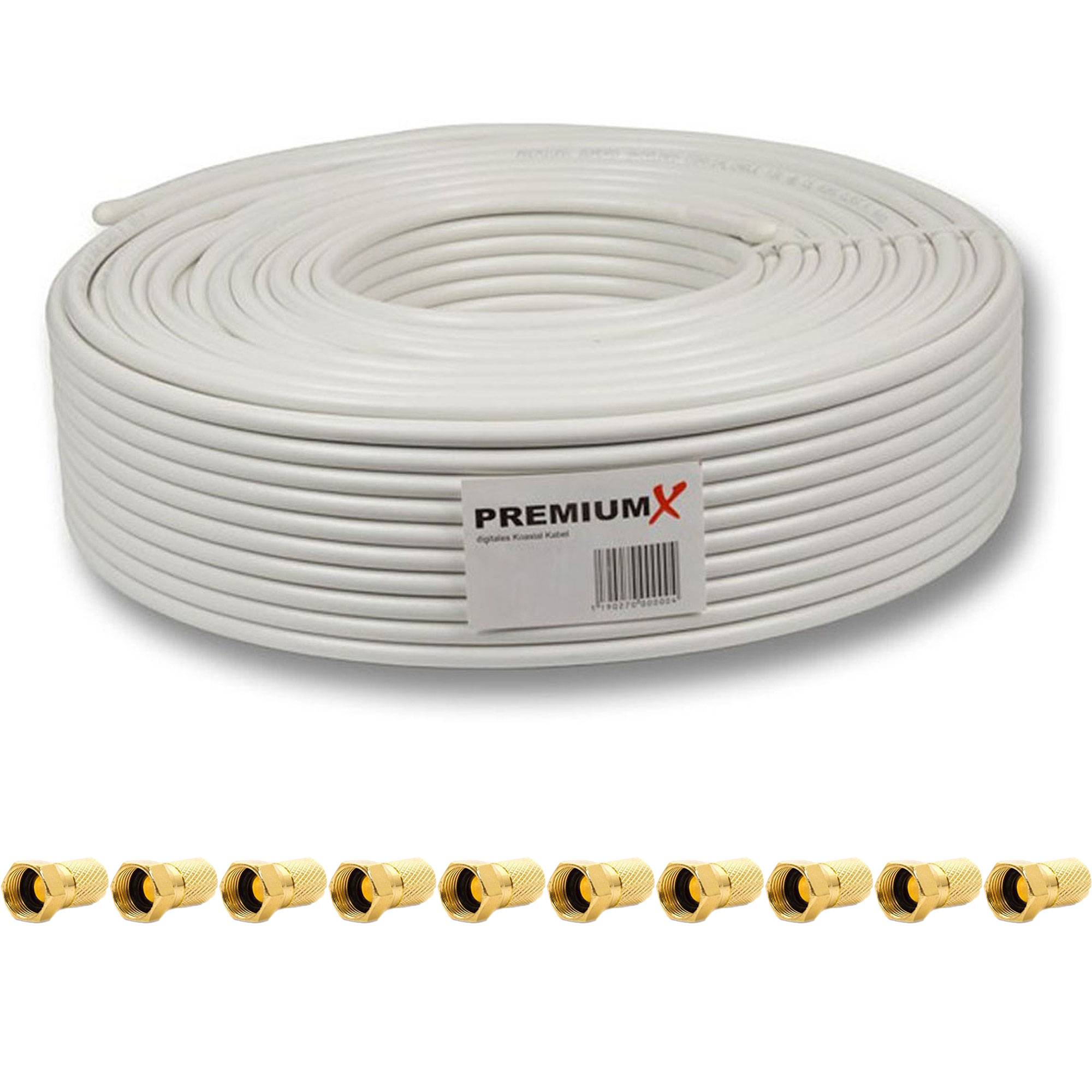 50m PremiumX Deluxe Pro Vollkupfer Koaxial Kabel + 10x PremiumX F-Stecker 8mm mit Dichtring