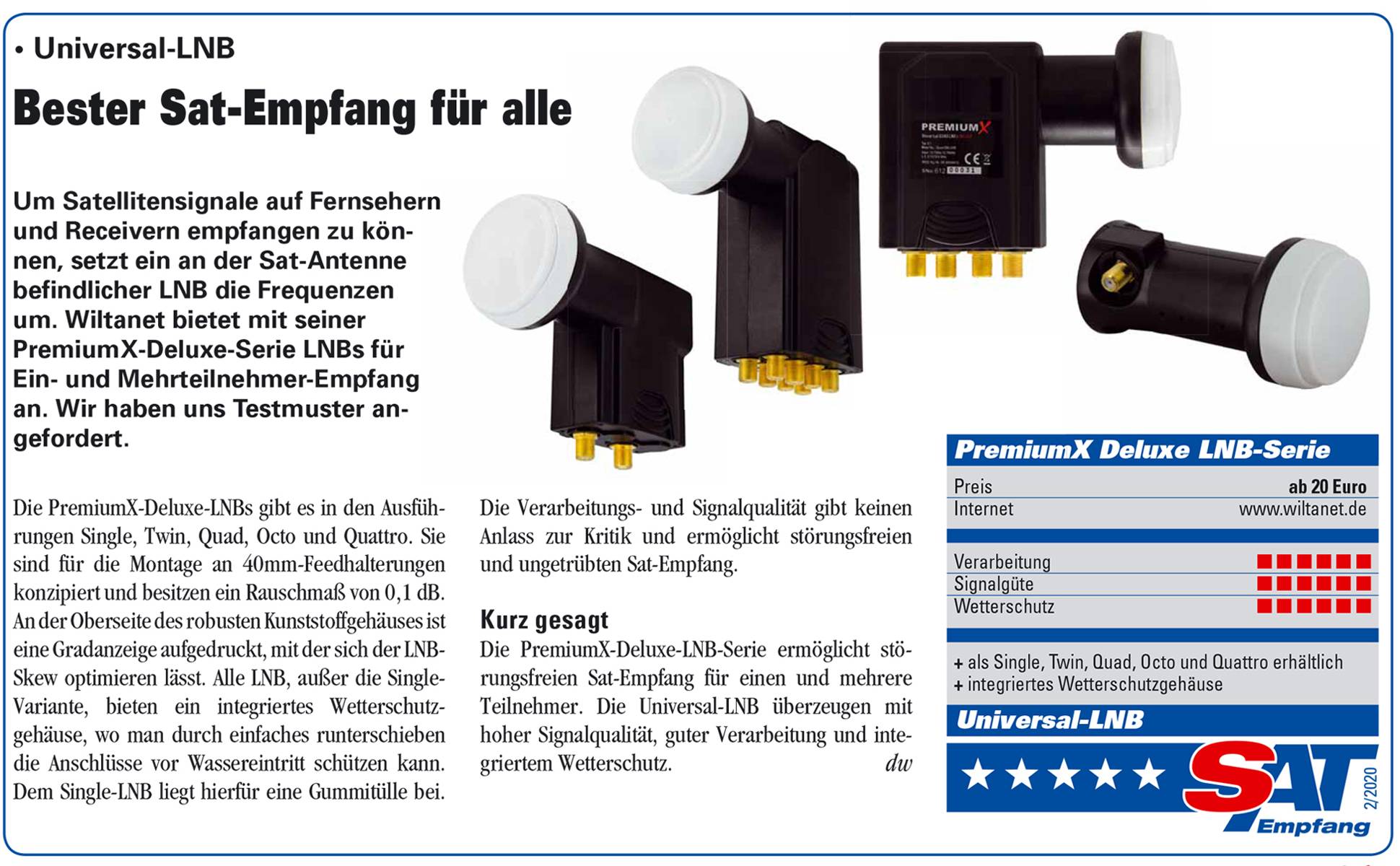 PremiumX Deluxe Quad LNB - Signalumsetzer für 4 Teilnehmer mit digitalem SAT-Empfang in HD, UHD & 4K. DVB-S2-Unterstützung & PLL Referenzoszillator