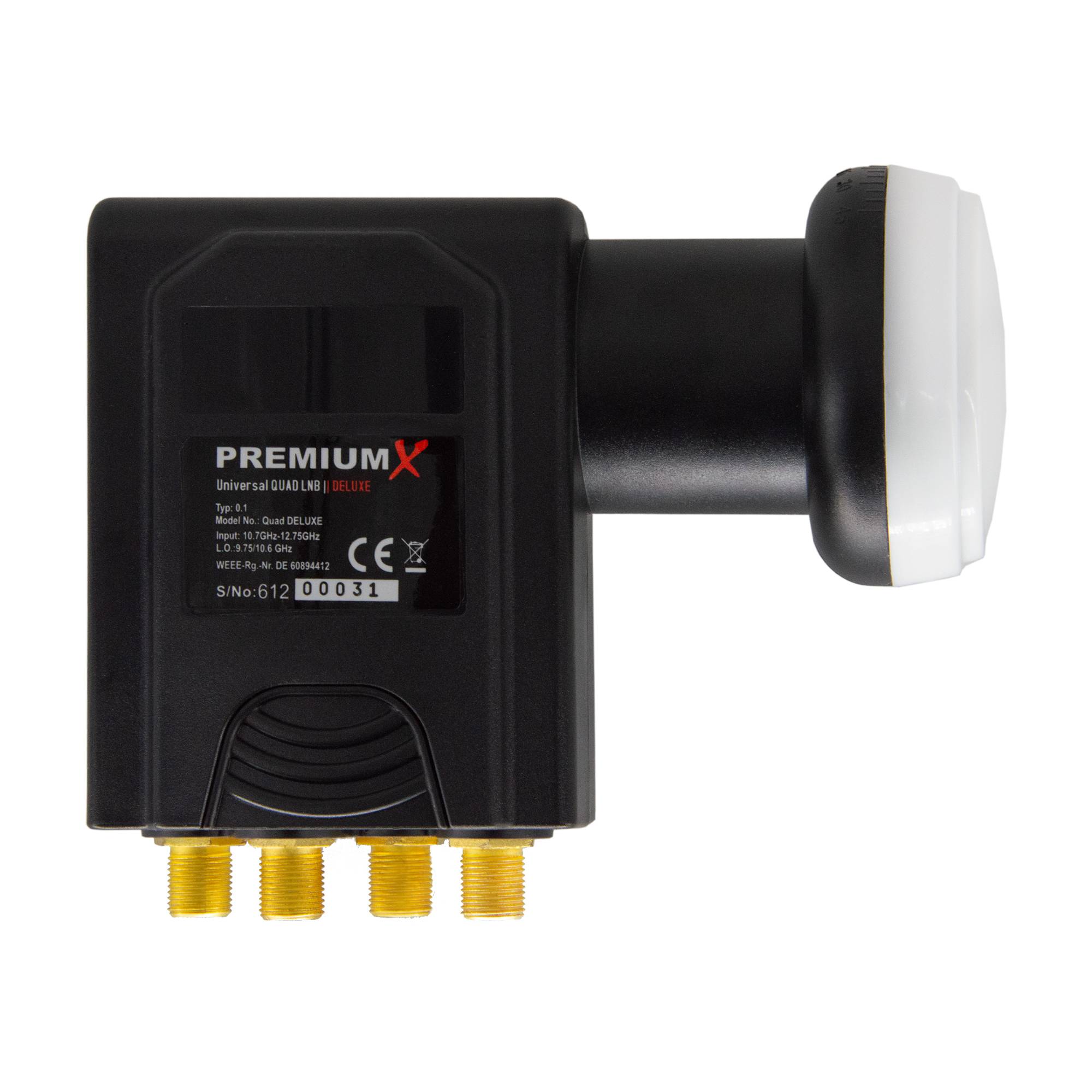 PremiumX Deluxe Quad LNB - Signalumsetzer für 4 Teilnehmer mit digitalem SAT-Empfang in HD, UHD & 4K. DVB-S2-Unterstützung & PLL Referenzoszillator