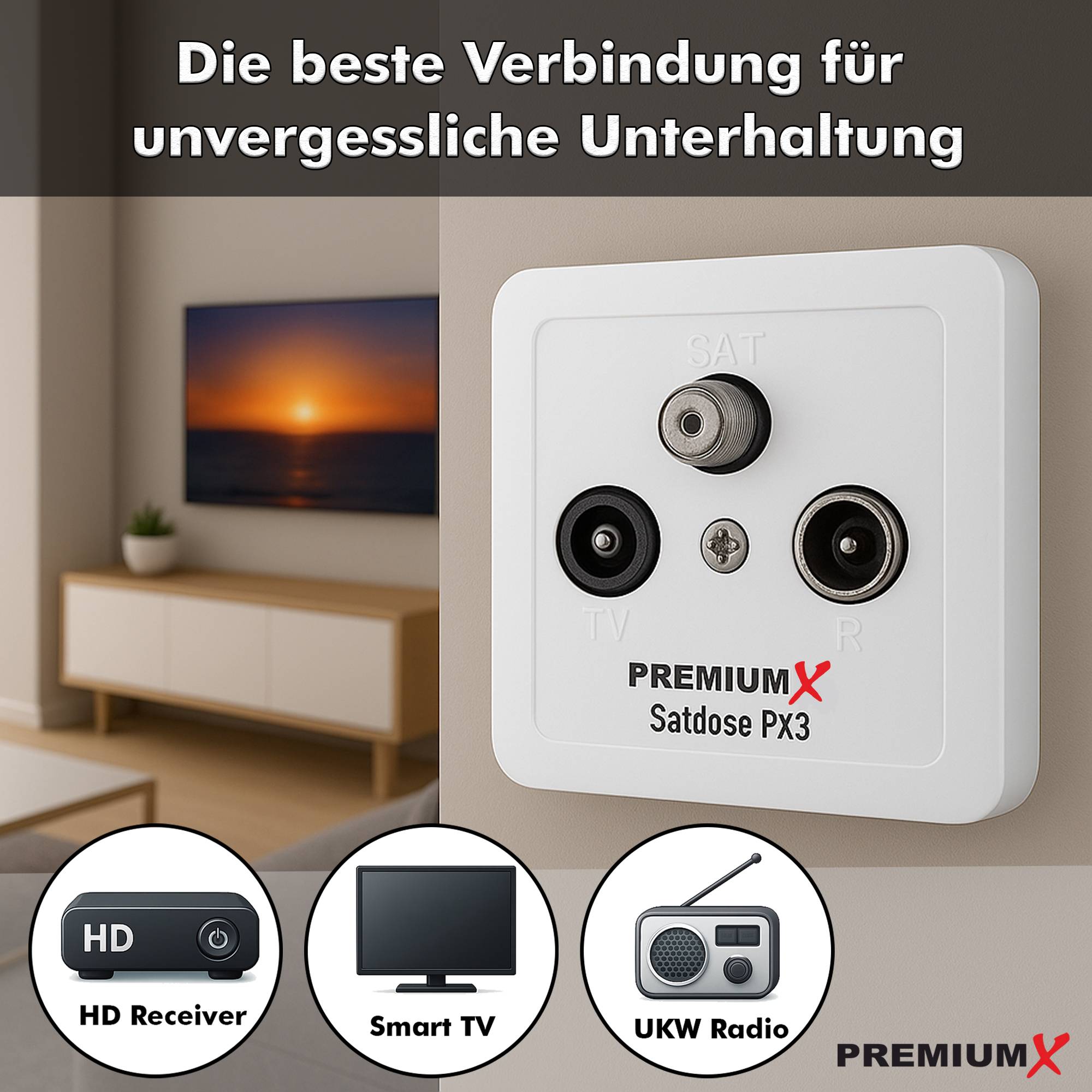 PremiumX 3x PX3 Antennendose 3-Fach Enddose Antennen-Dose Einzel und Stichleitungsdose Aufputz Unterputz SAT-TV-RADIO HD Multimediadose