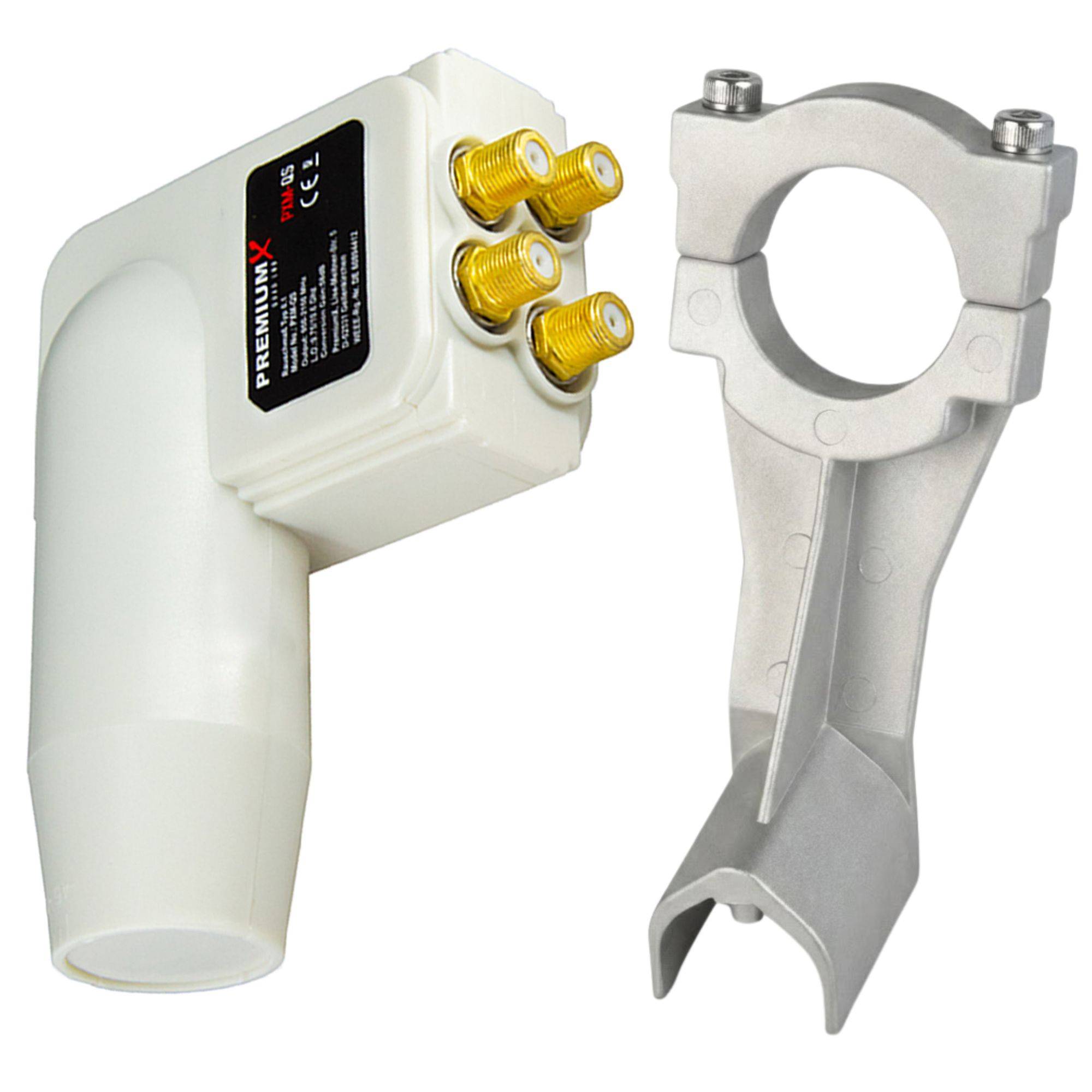 PremiumX LNB Quad Weiß + Universal Adapter für LNB Halterung für Fuba und Hirschmann Antennen