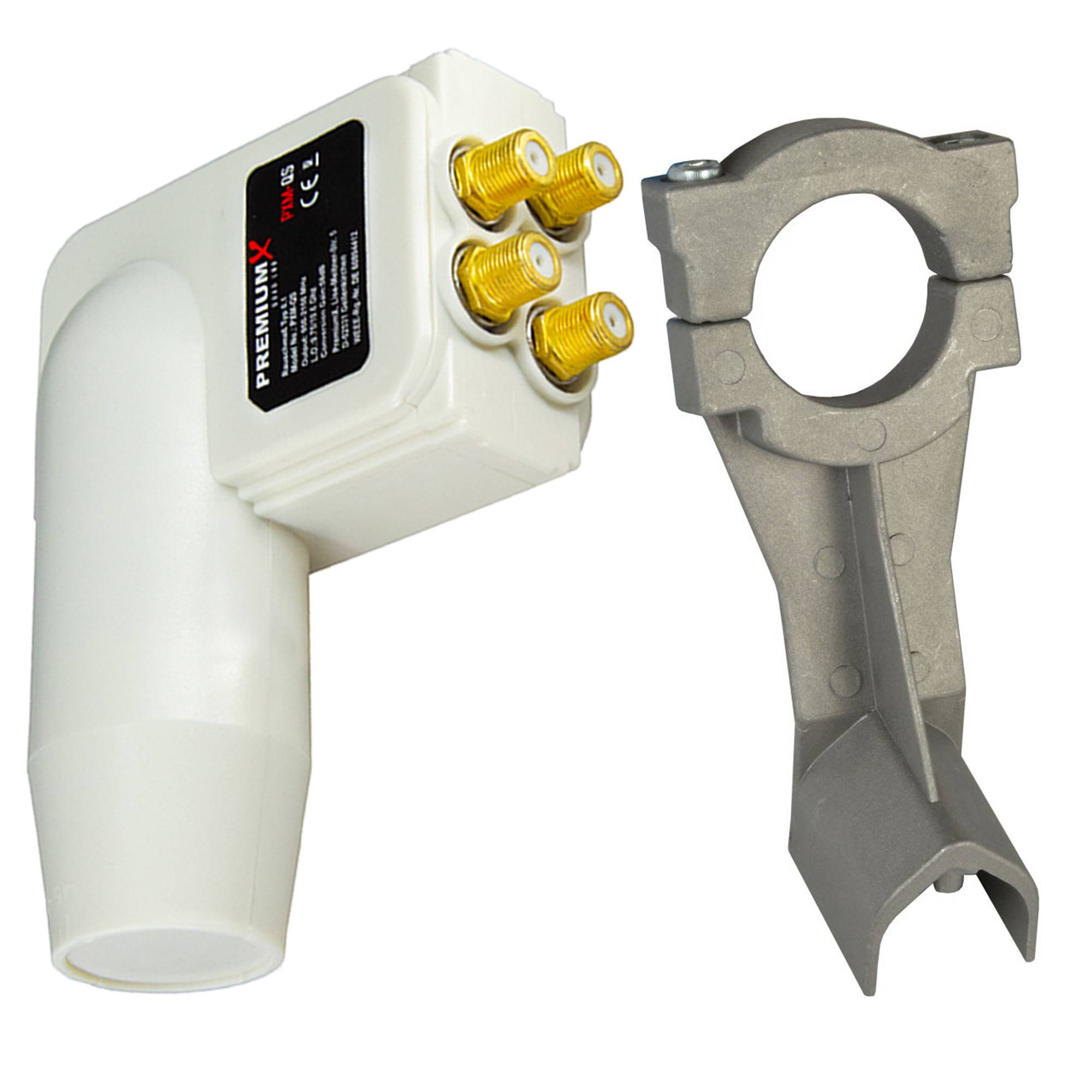 PremiumX LNB Quad Weiß + Universal Adapter für LNB Halterung für Fuba und Hirschmann Antennen