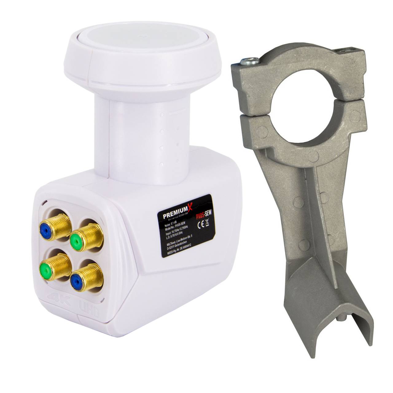 PremiumX LNB Quad Weiß + Universal Adapter für LNB Halterung für Fuba und Hirschmann Antennen