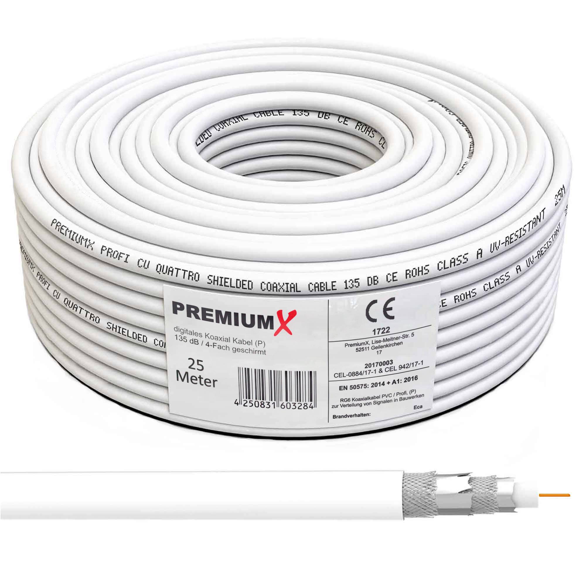 25 Meter PremiumX DELUXE Koaxial Kabel 135dB 4-Fach, Innenleiter 1,02mm REINES Kupfer SAT Antennenkabel 20x F-Stecker (0,72€/M)