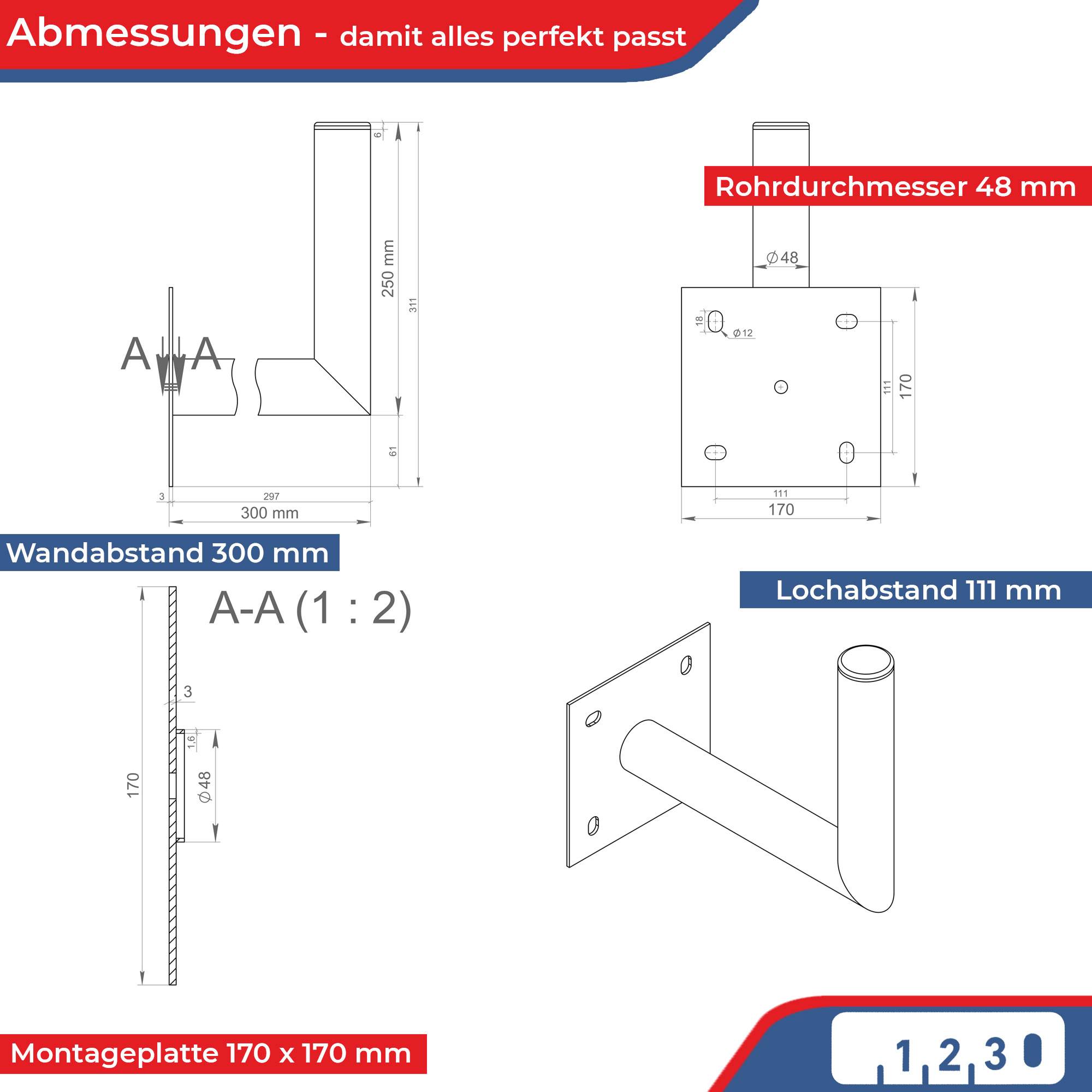 PremiumX 25-30cm Wandhalter Stahl verzinkt Ø 48mm Winkel Wand-Halterung für Satelliten-Schüssel SAT-Antenne