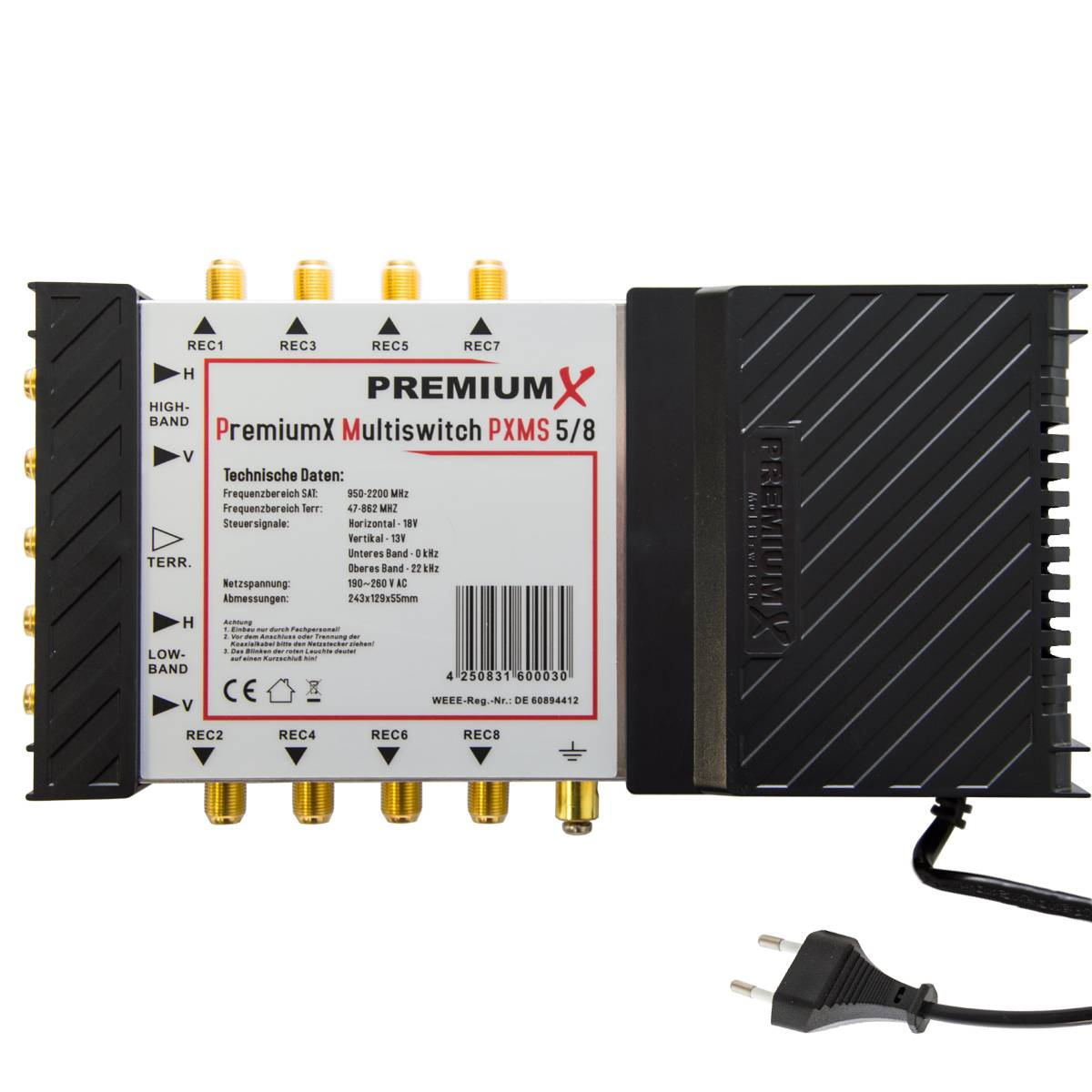 PremiumX PXMS Multischalter 5/8 Multiswitch Netzteil mit Fuba Quattro LNB und 24x F-Stecker für 8 Teilnehmer fähig 4K 8K