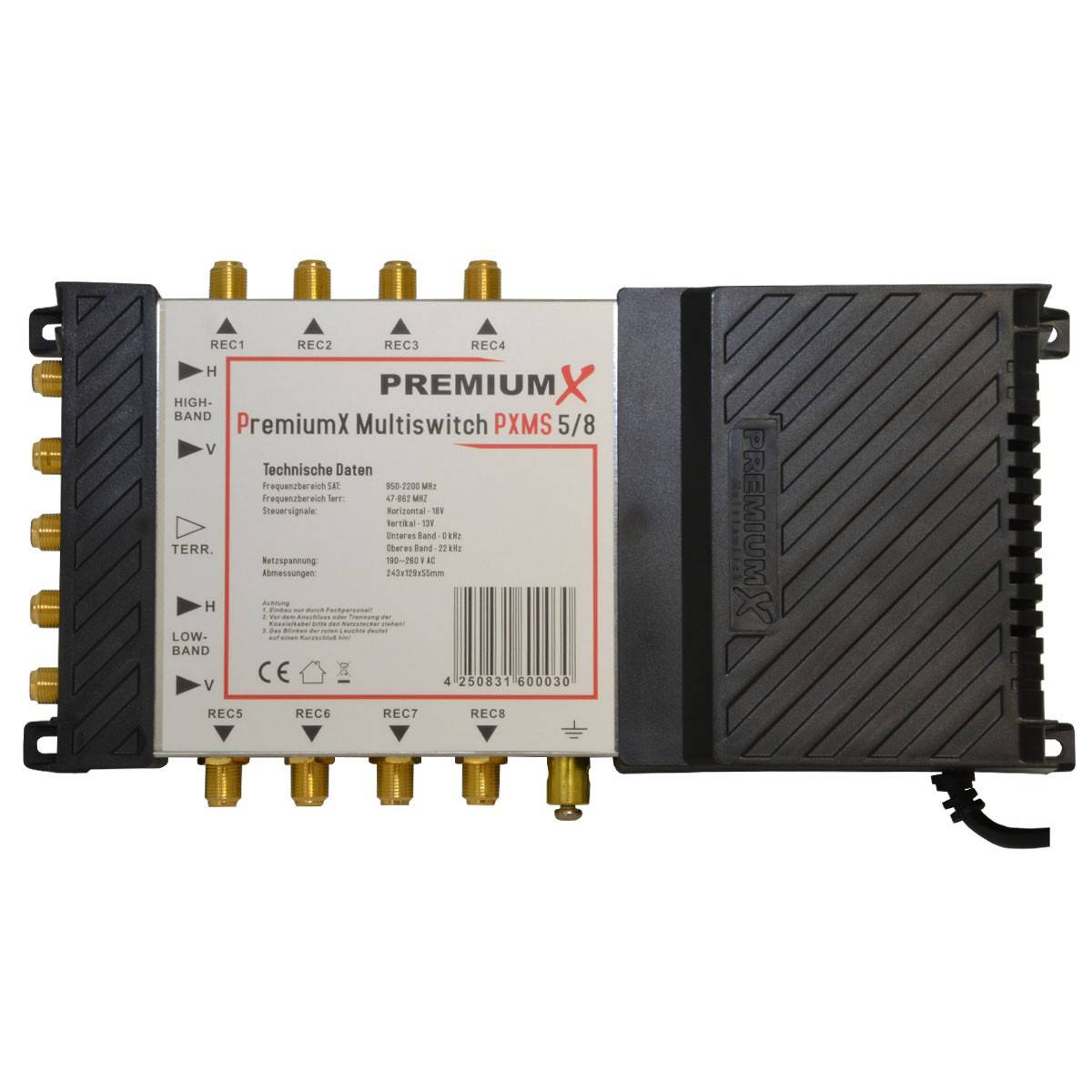 PremiumX Multischalter 5/8 Multiswitch Netzteil für 8 Teilnehmer mit Deluxe Quattro LNB 0,1dB FullHD 4K UHD 8K