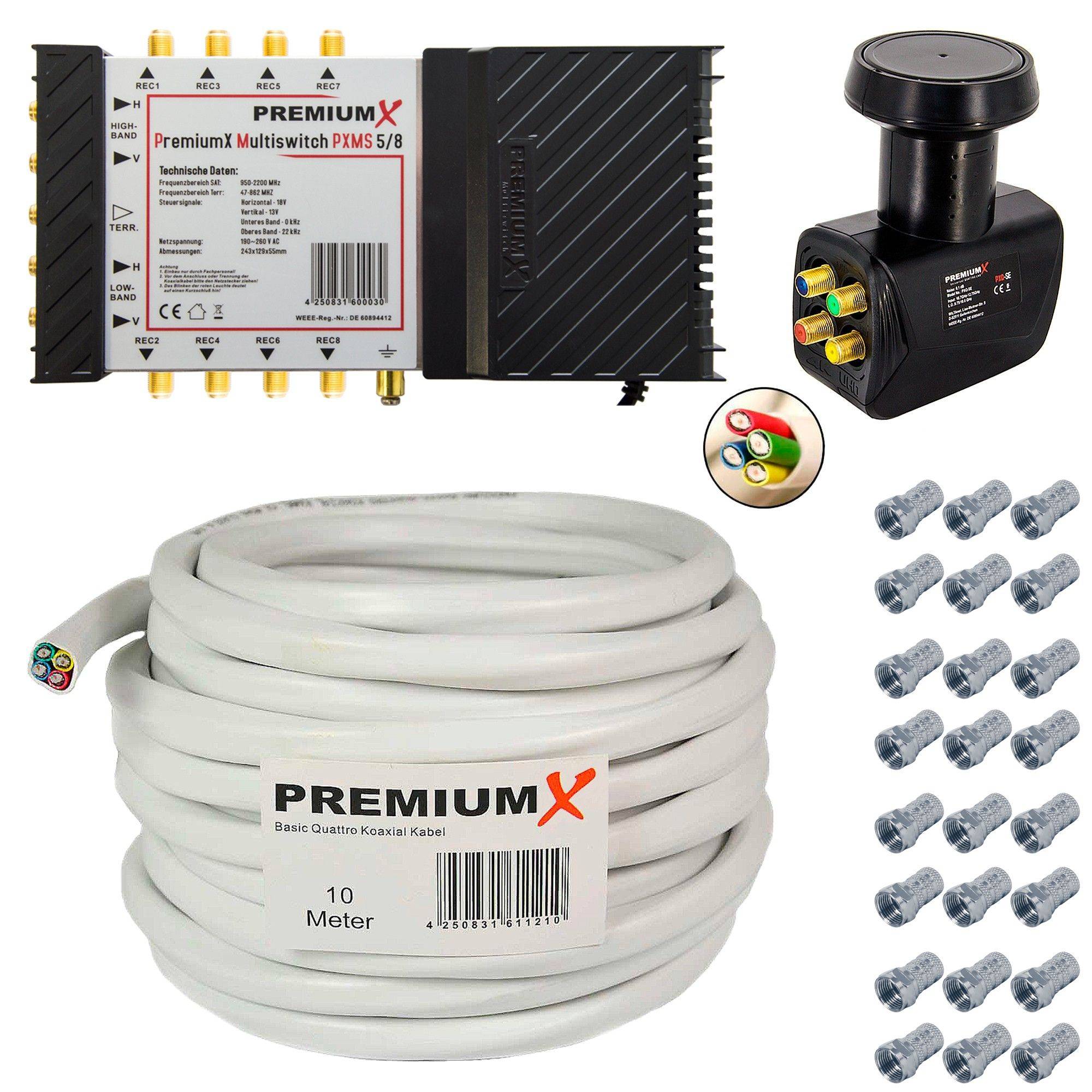 PremiumX Multischalter Set 5/8 Multiswitch mit 10m Quattro Antennenkabel 4in1 und Quattro LNB 1 Satellit für 8 Teilnehmer 4K UHD