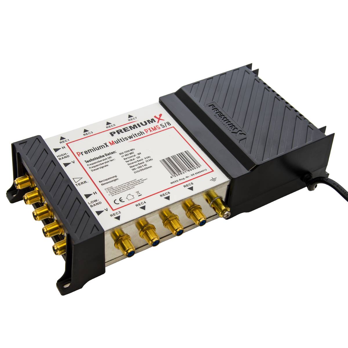 PremiumX Multischalter 5/8 Switch mit Netzteil inklusive 4x 22 KHz Tone Generatoren zum Betrieb von Quad LNB´s 4K UHD HD