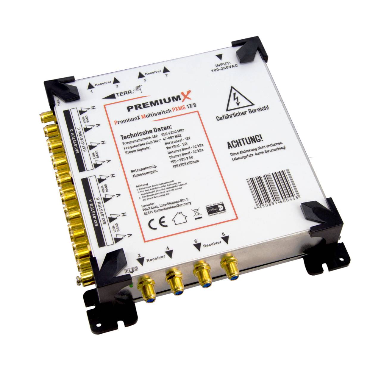 PremiumX PXMS 17/8 Multischalter mit Netzteil Multiswitch 4 SAT für 8 Teilnehmer Satverteiler Digital HDTV FullHD 4K UHD 8K