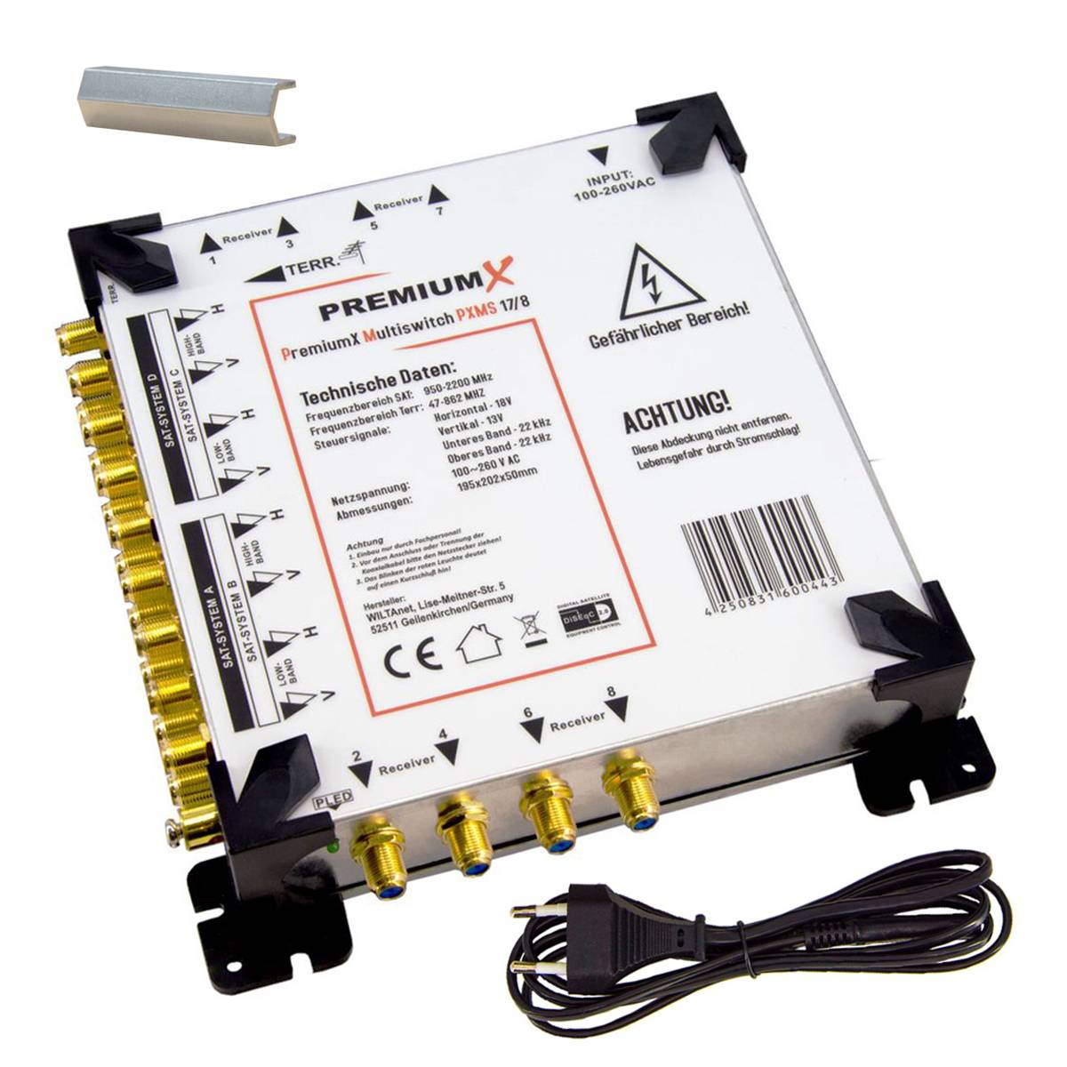 PremiumX Multischalter Set 17/8 Multiswitch F-Montageschlüssel, Satverteiler 4 SAT für 8 Teilnehmer