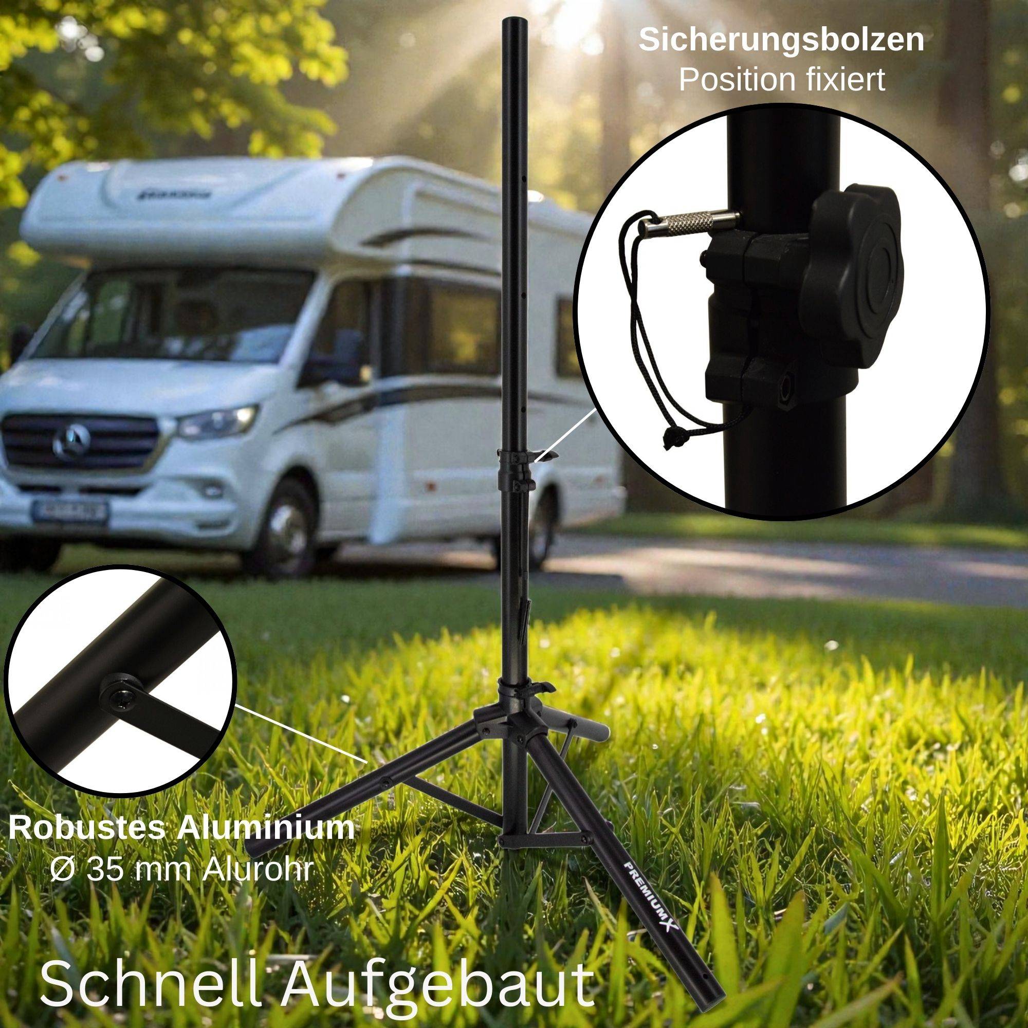 PremiumX Camping SAT Stativ Aluminium 120cm Ø 35mm Schwarz – Windfestes Dreibein inkl. Heringe – Mobile Antennenhalterung für Wohnwagen & Balkon