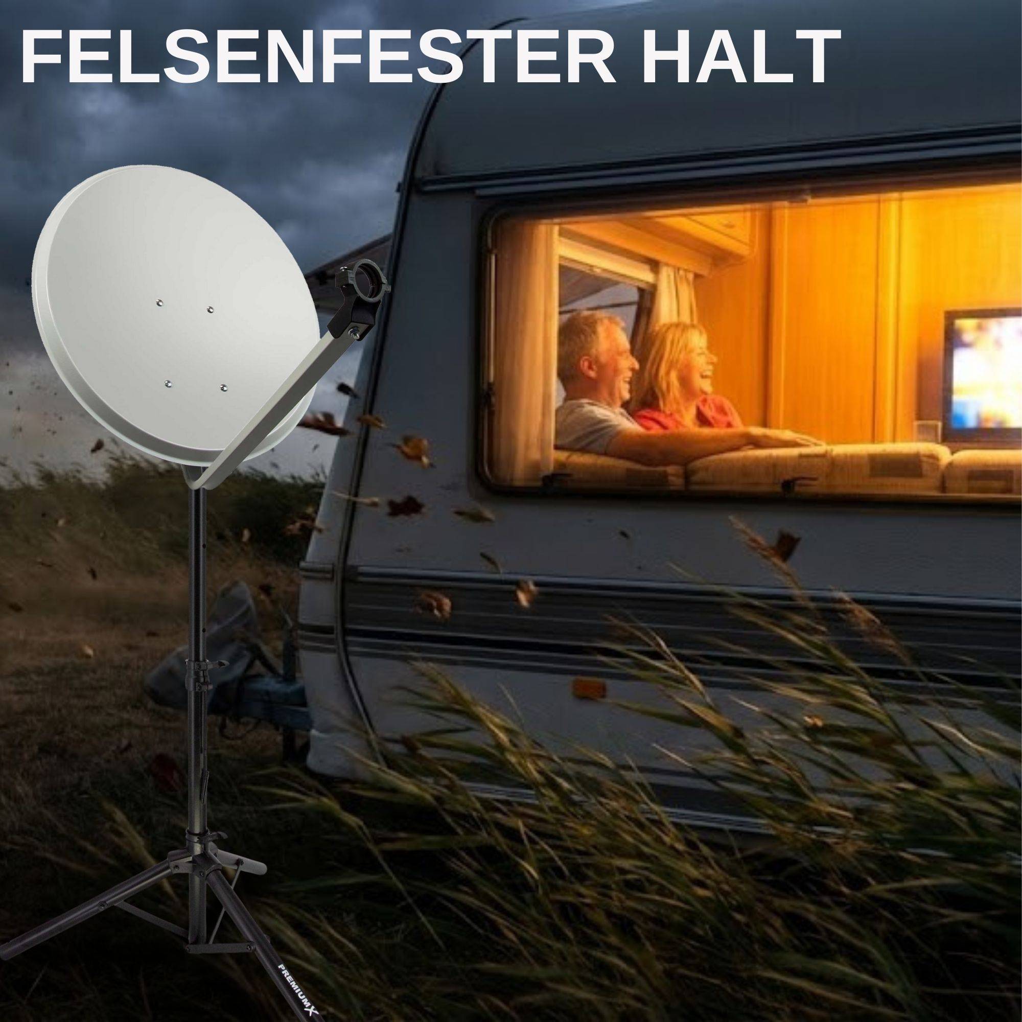 PremiumX Camping SAT Stativ Aluminium 120cm Ø 35mm Schwarz – Windfestes Dreibein inkl. Heringe – Mobile Antennenhalterung für Wohnwagen & Balkon