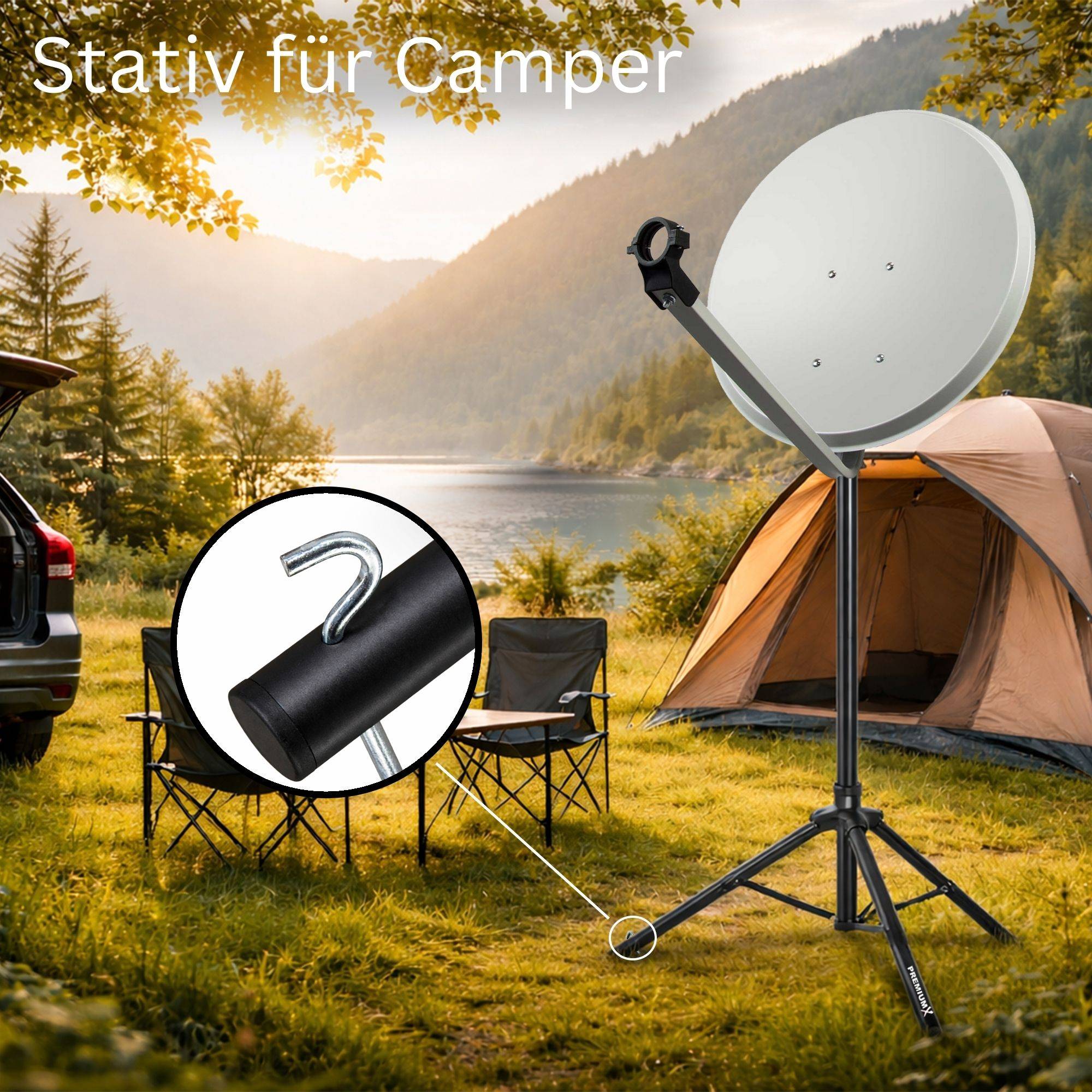 PremiumX Camping SAT Stativ Aluminium 120cm Ø 35mm Schwarz – Windfestes Dreibein inkl. Heringe – Mobile Antennenhalterung für Wohnwagen & Balkon